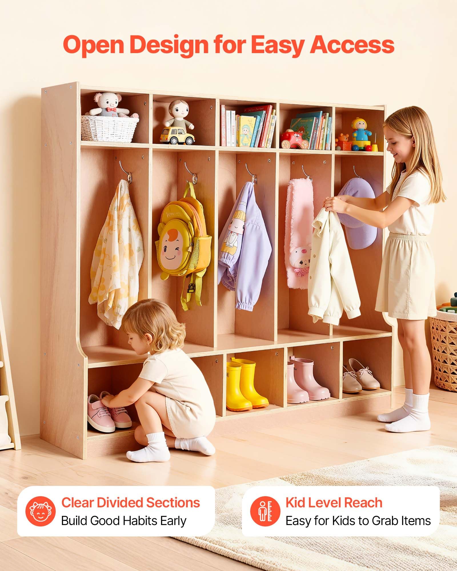 VEVOR Vestiaire 5 Enfants Ouvert, Penderie pour Enfants en Bois, Rangement pour Crèche Maternelle Garderie Maison, Meuble d'accueil Scolaire avec Casiers à Manteaux, à Chaussures et Cases Supérieures