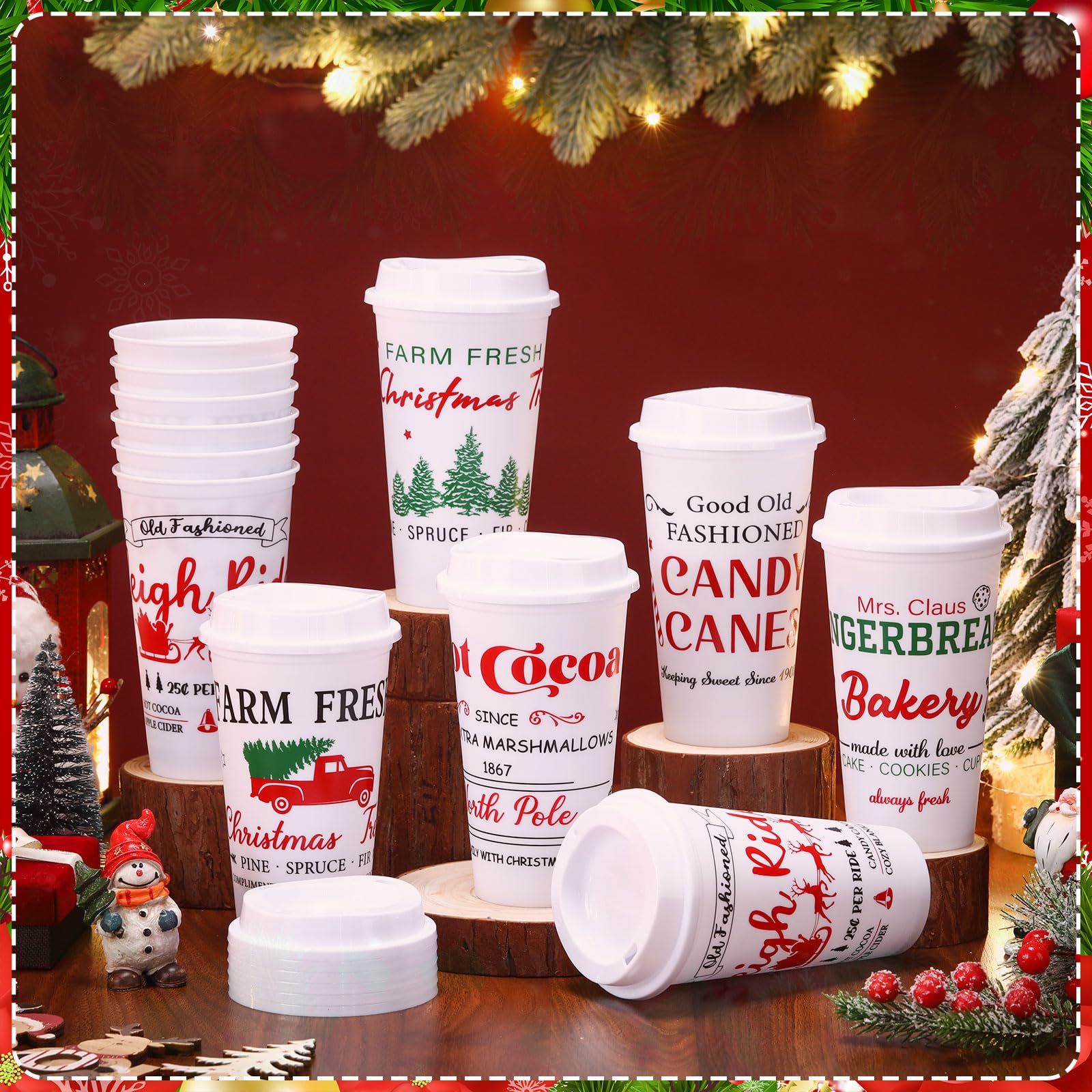 Tioncy Lot de 12 tasses à chocolat chaud réutilisables en plastique pour Noël, Noël, fête d'hiver, 473 ml