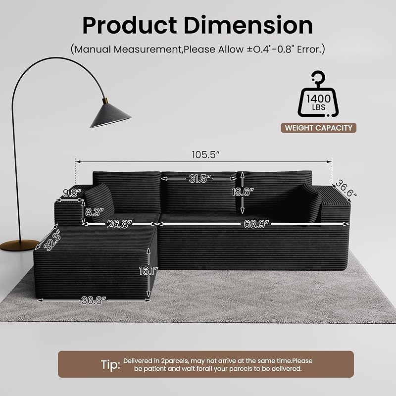 106" Cloud Sectional Boneless Couches for Living Room, Modular L Shaped Couch with Deep Seat Oversized Left Facing Chaise, Memory Foam Compressed Spineless 3 Seater Sofa for Bedroom Apartment, Black image 2