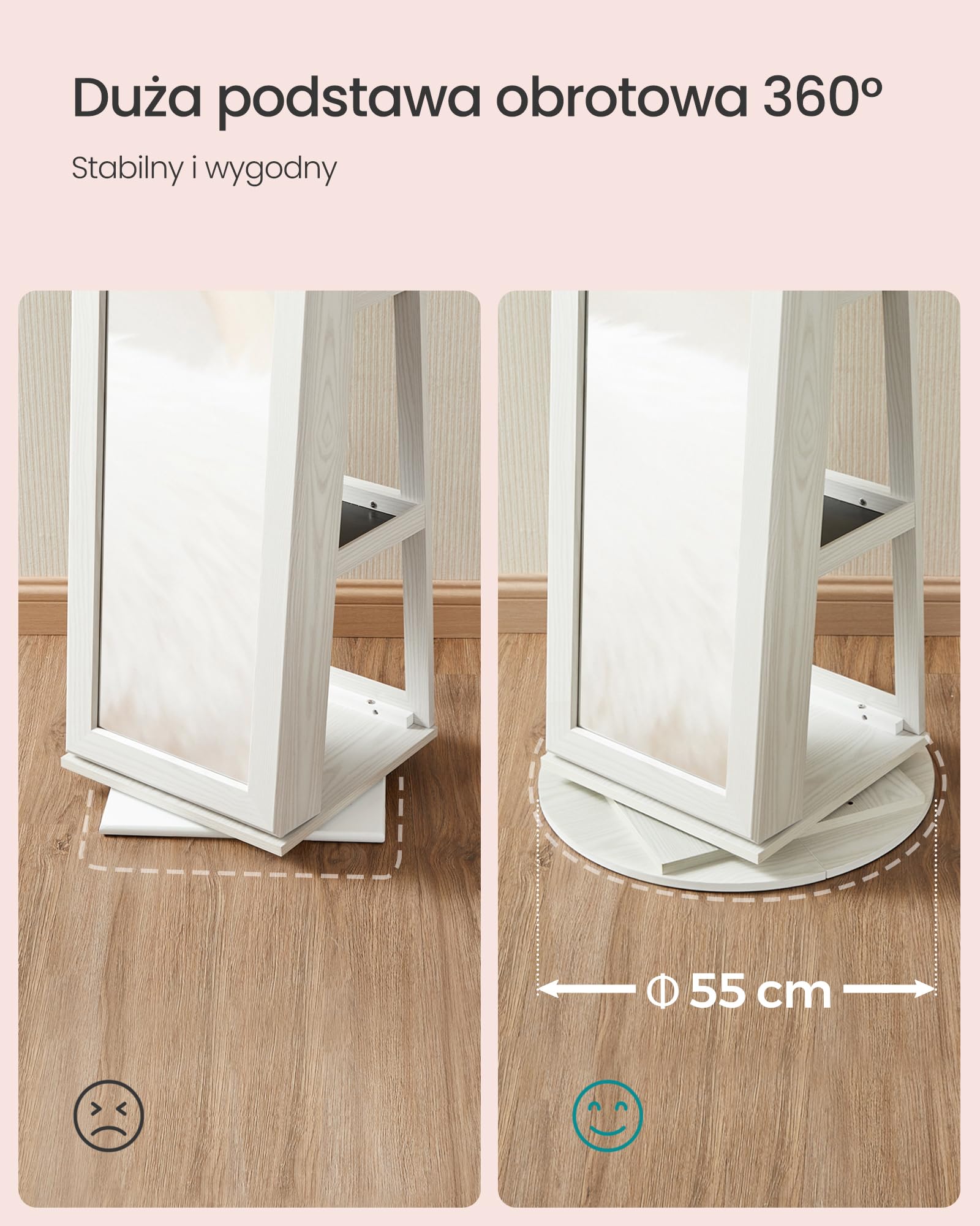 SONGMICS Szafka na biżuterię Szafka z lustrem 360 ° Obrotowa Zamykana szafka na biżuterię 3 w 1 z zamkiem na półki lustrzane Biała z szarym słojem drewna JBC62W