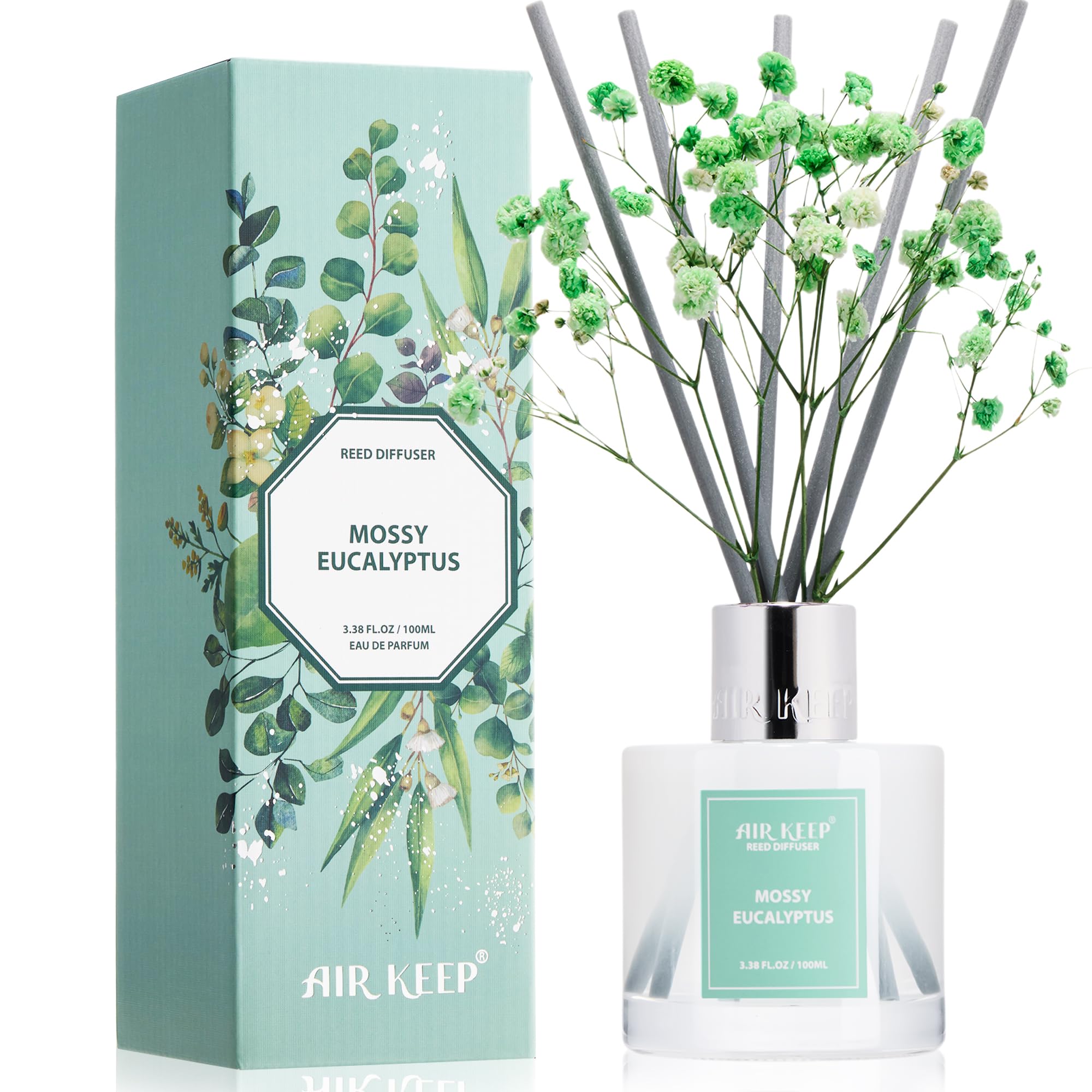 Airkeep Reed Diffuser Set,3.38 fl oz (100 ml) - Moss Eucalyptus Oil Diffusers with 8 Reed Sticks, Home Fragrance Reed Diffuser for Bathroom Shelf Decor