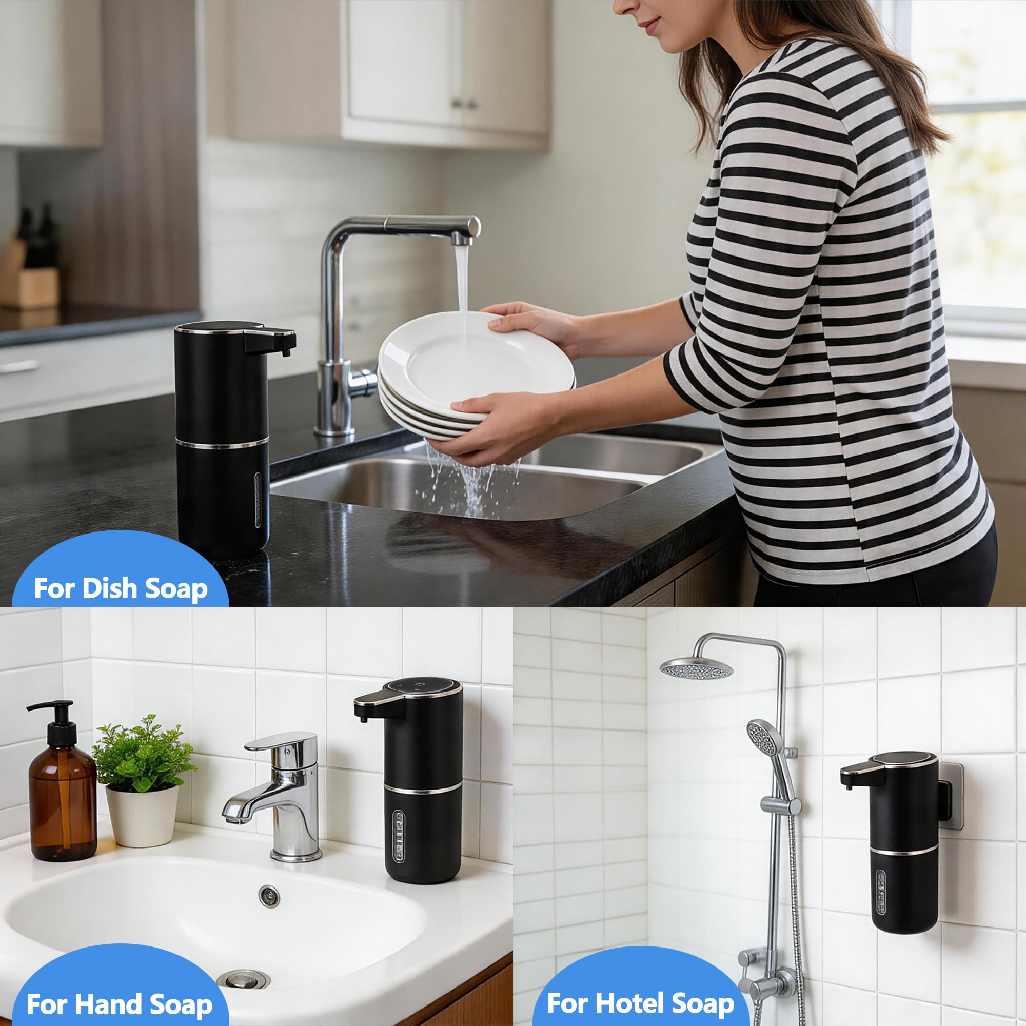 Paquete de 2 dispensadores automáticos de jabón de espuma, dispensador de jabón de manos inteligente recargable por USB con 4 niveles ajustables, 380 ml, montado en la pared o encimera, IPX5