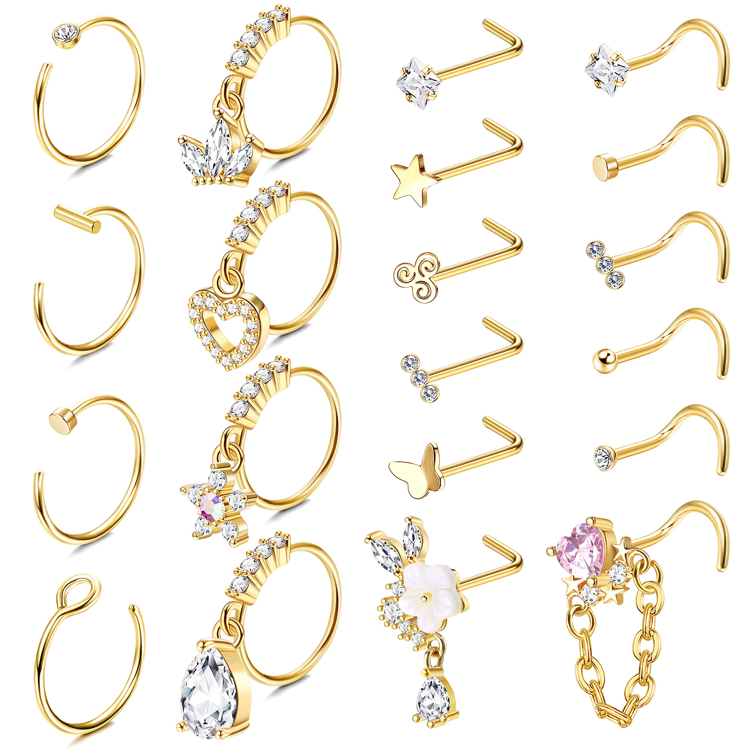 ZXLIHS 20 szt. 20G zwisają kolczyki w nosie dla kobiet-motyl, serce, księżyc, kwiat, krzyż CZ obręcze-kolczyk na chrząstkę Piercing biżuteria