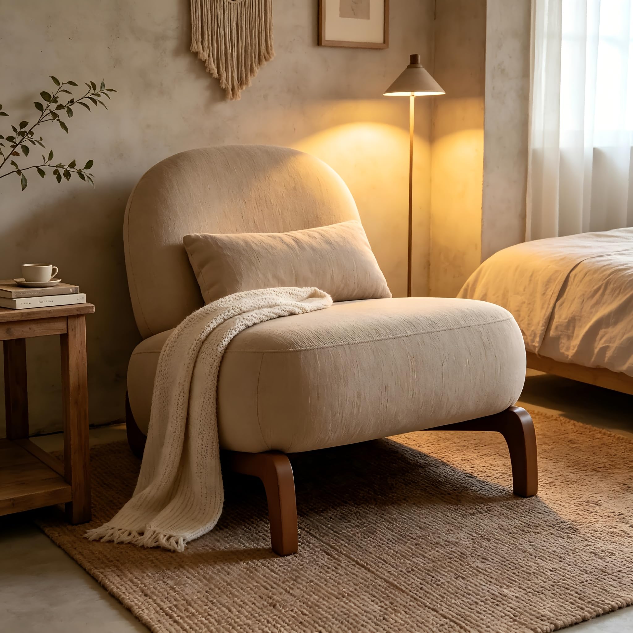 Poltrona Decorativa in Velluto, Gambe in Legno, Camel, 86.9x72.1x69.9 cm