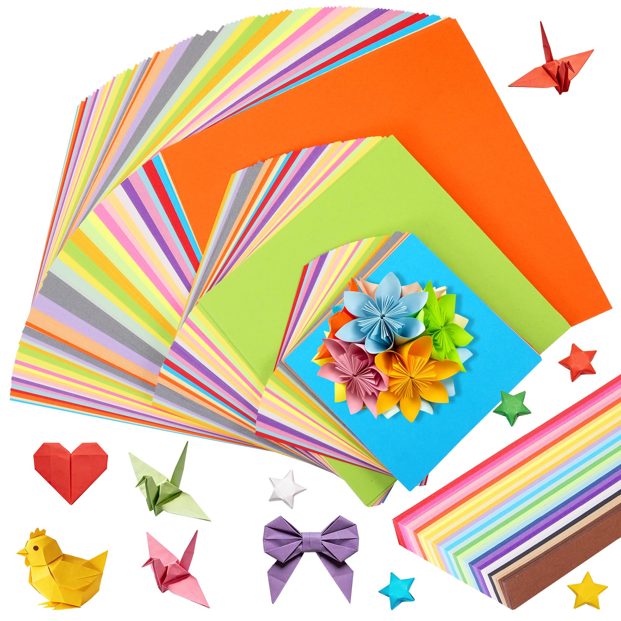 Juego de 840 Hojas de Papel Origami, 20 Colores, Cartulinas Colores de Doble Cara (Cuadrados de 10 cm/15 cm/20 cm + Tiras), Papel Doblado a Mano Adecuado para Manualidades, Casa y Escuela