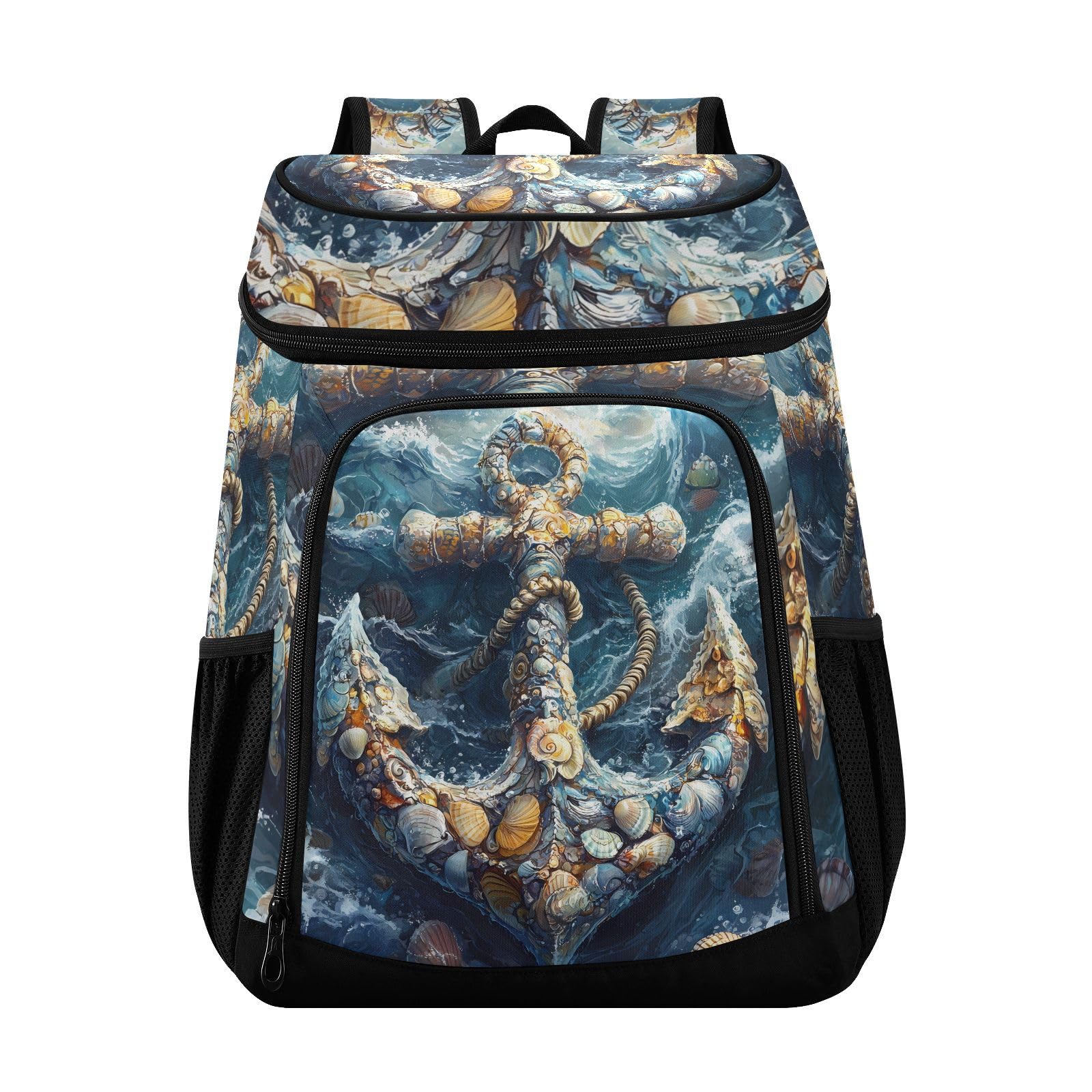 Shell Anchor Nautical Ocean Coastal Wave Cooler Backpack Cooler Insulated Leak Proof Lunch Backpack 36 Cans Waterproof Soft for Men Women Picnic Hiking Camping Beach