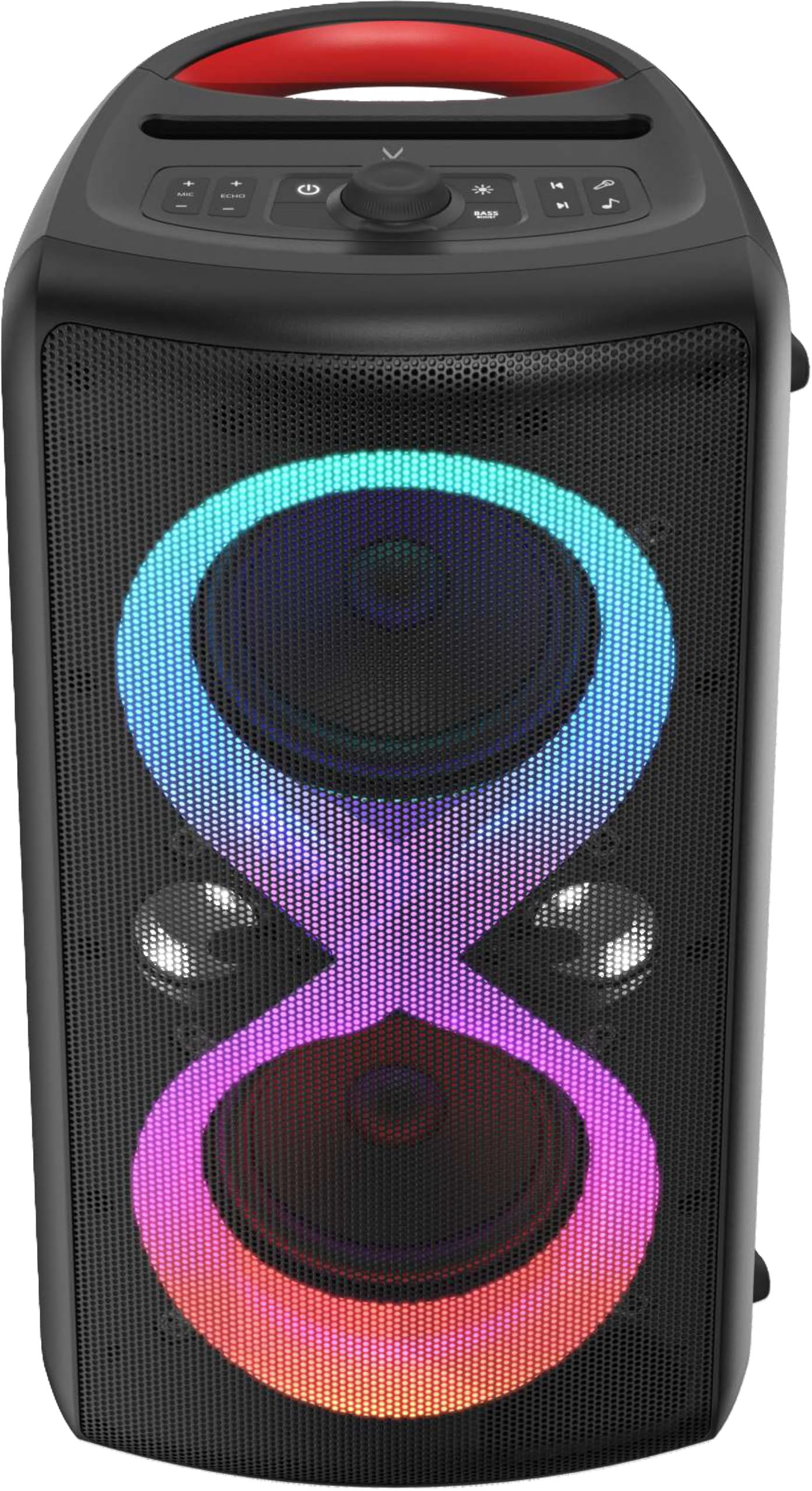 Majestic FIRE 90 – Speaker Wireless audio 5.3, Luci LED 7 effetti, ingressi USB/Micro SD/AUX/Mic/Chitarra, Uscita Monitor, Funzione Karaoke, Batteria ricaricabile, Impugnatura per il trasporto