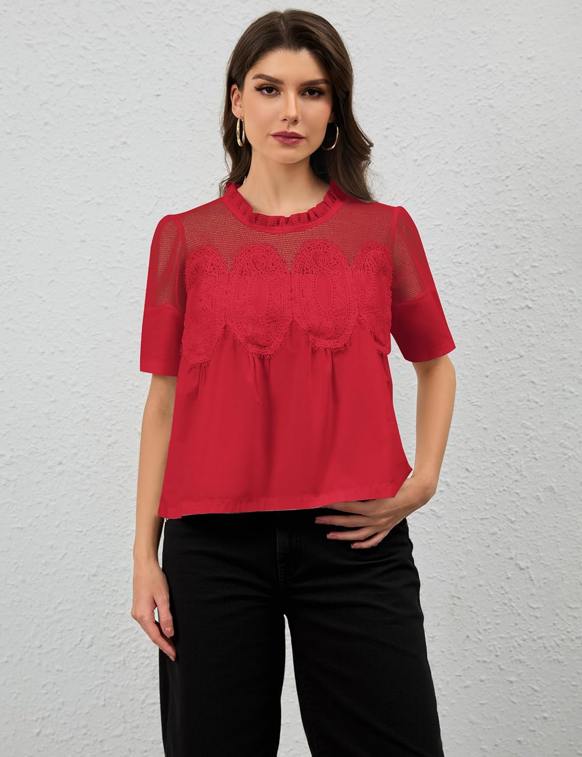 Women Lace Trim Blouse Mesh See Through Puff Short Sleeve Ruffle Pleated Shirts Mock Neck Summer Babydoll Tops - Image 3