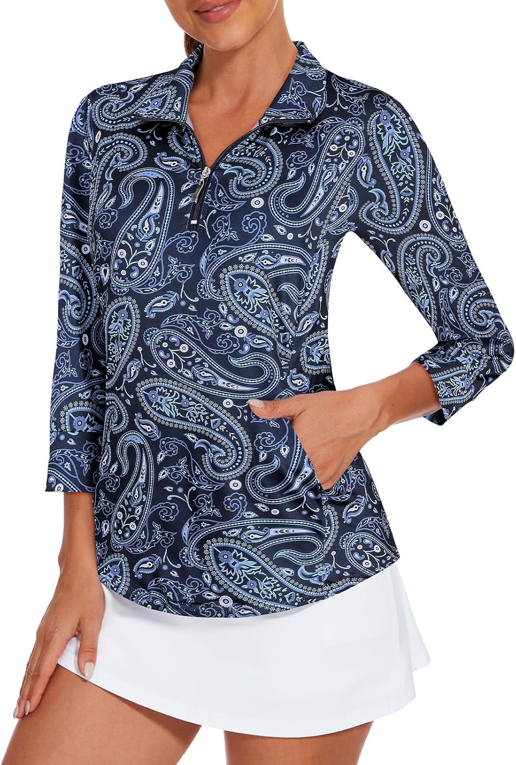 Viracy 3/4 Sleeve Womens Golf Shirts Quick Dry Quarter Zip Workout Tennis Polo Tops with Pocket