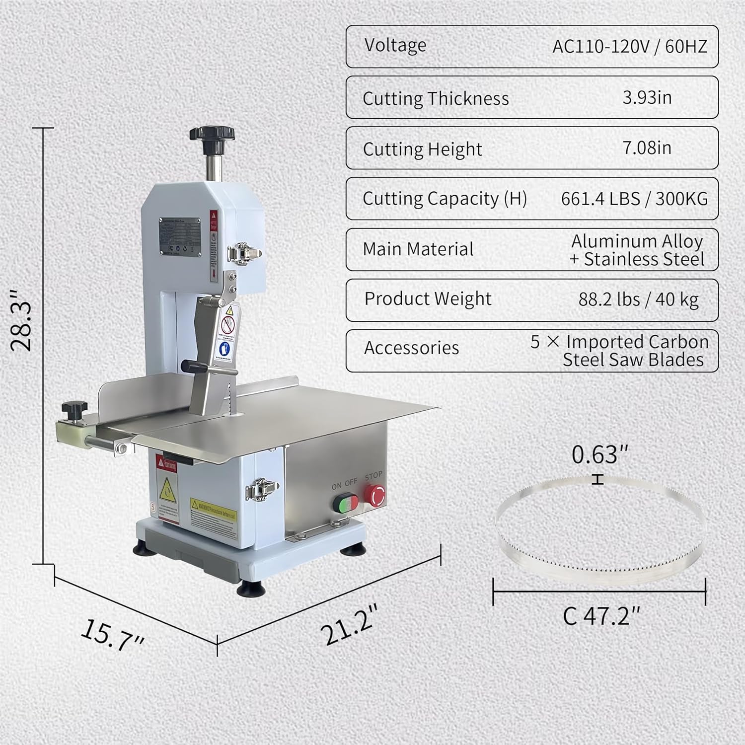 750W Commercial Electric Bone Saw Machine, 0.12 to 3.93 Inch Cutting Thickness, 2.6HP Frozen Meat Cutter 110V Bandsaw Machine, Table Sawing for Chicken Fish Trotter Beef, Equipped with 5 Saw Blades