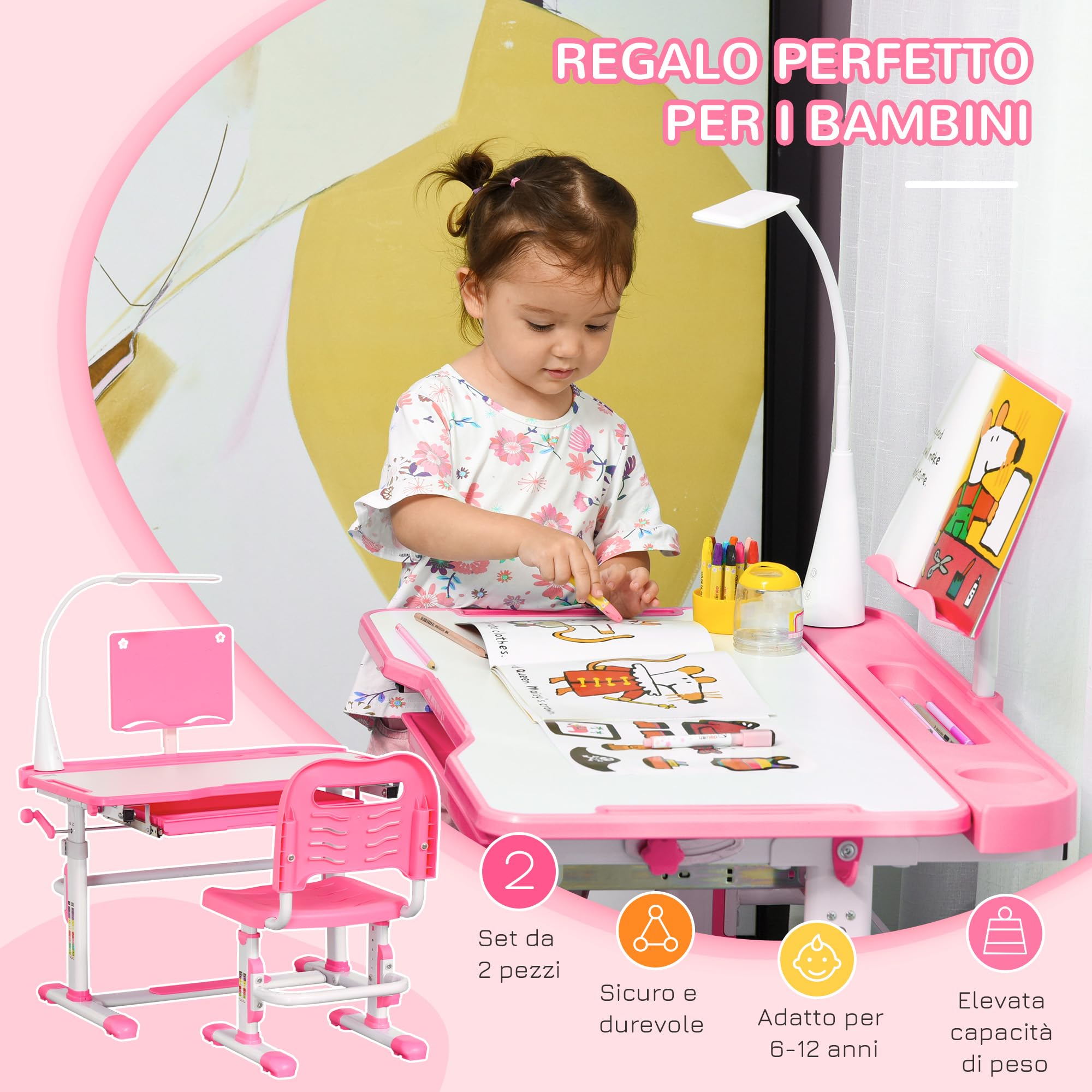 HOMCOM Scrivania per Bambini con Sedia Regolabile in Altezza, Set Banco Scuola con Cassetto, Luce e Piano Inclinabile a 45°, Età 6-12 Anni, Rosa