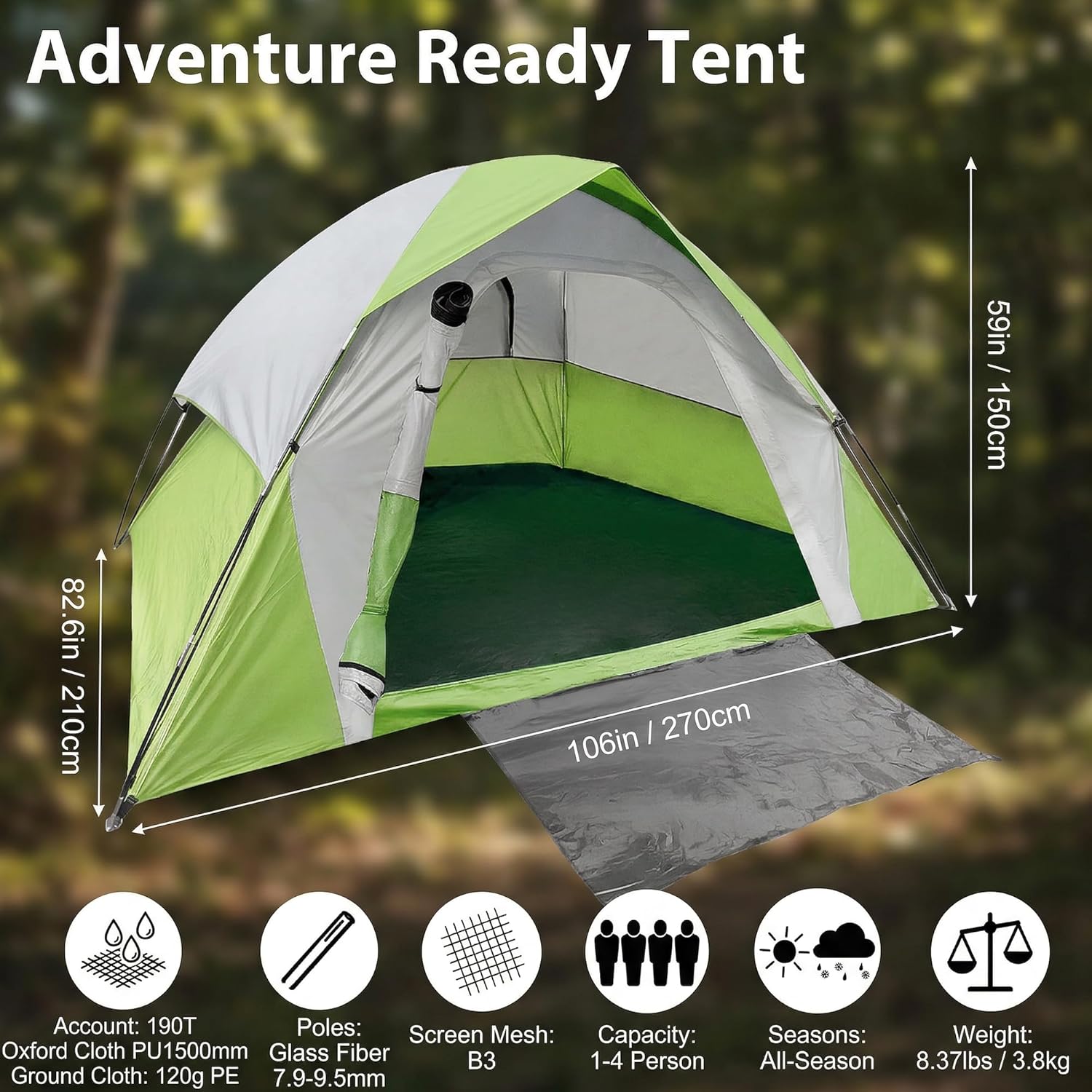 XL 4 Person Dome Camping Tent, Double Layer Waterproof, Removable Rain Fly, for Outdoor Hiking, Fishing