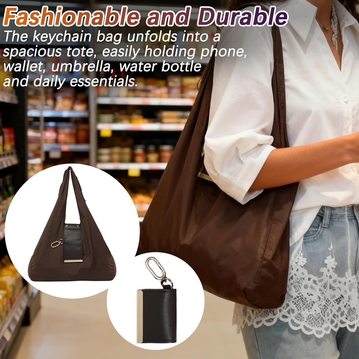 Keychain Tote Bag Compact & Expandable for On the Go, Foldable Tote Bag with Key Ring for Daily Errands - Image 5