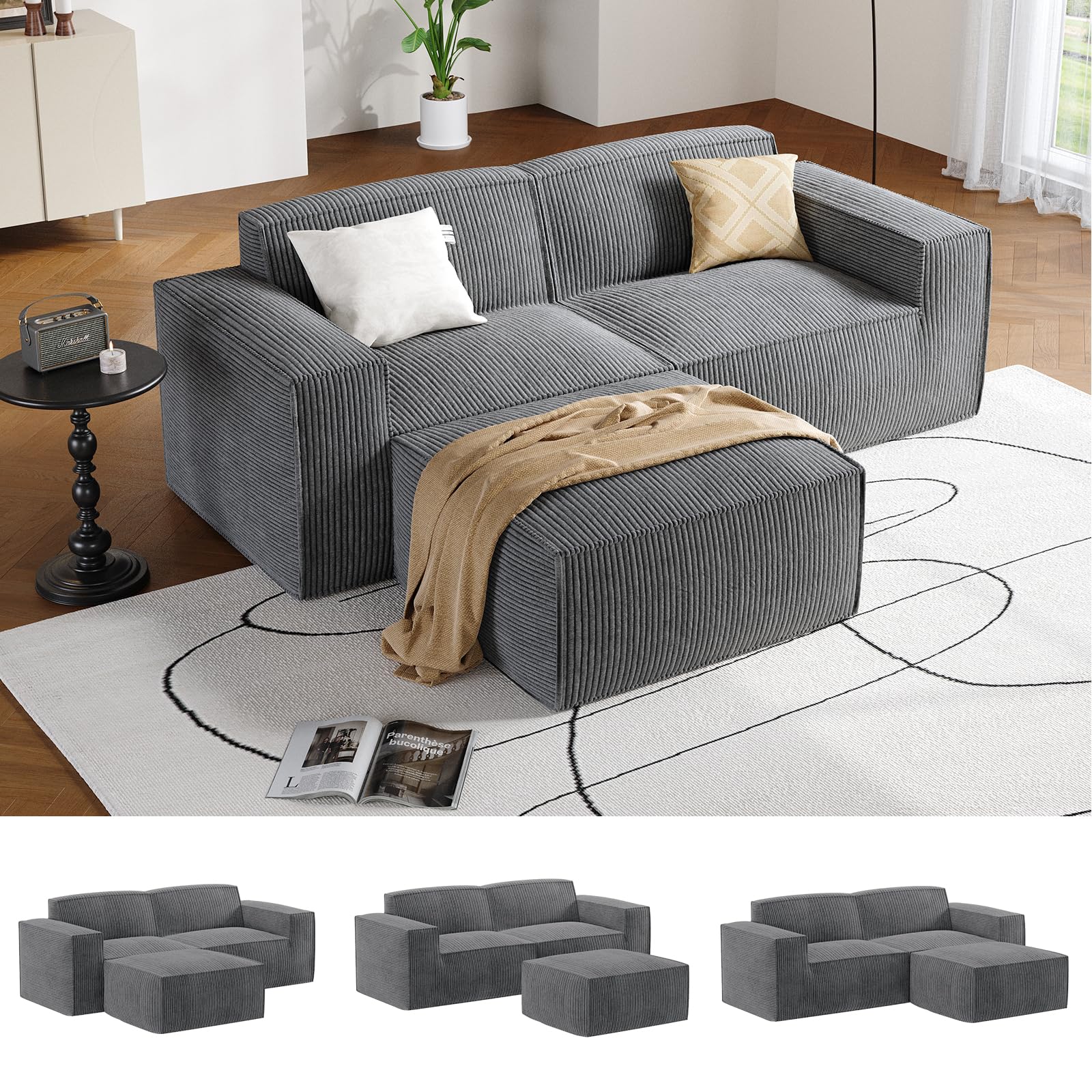 Amada 80" Sectional Couch with L-Shape Chaise,Corduroy Cloud Couches with Deep Seats &High-Back,Upholstered Couches for Living Room Bedroom with Ottoman,No Assembly Required，Grey