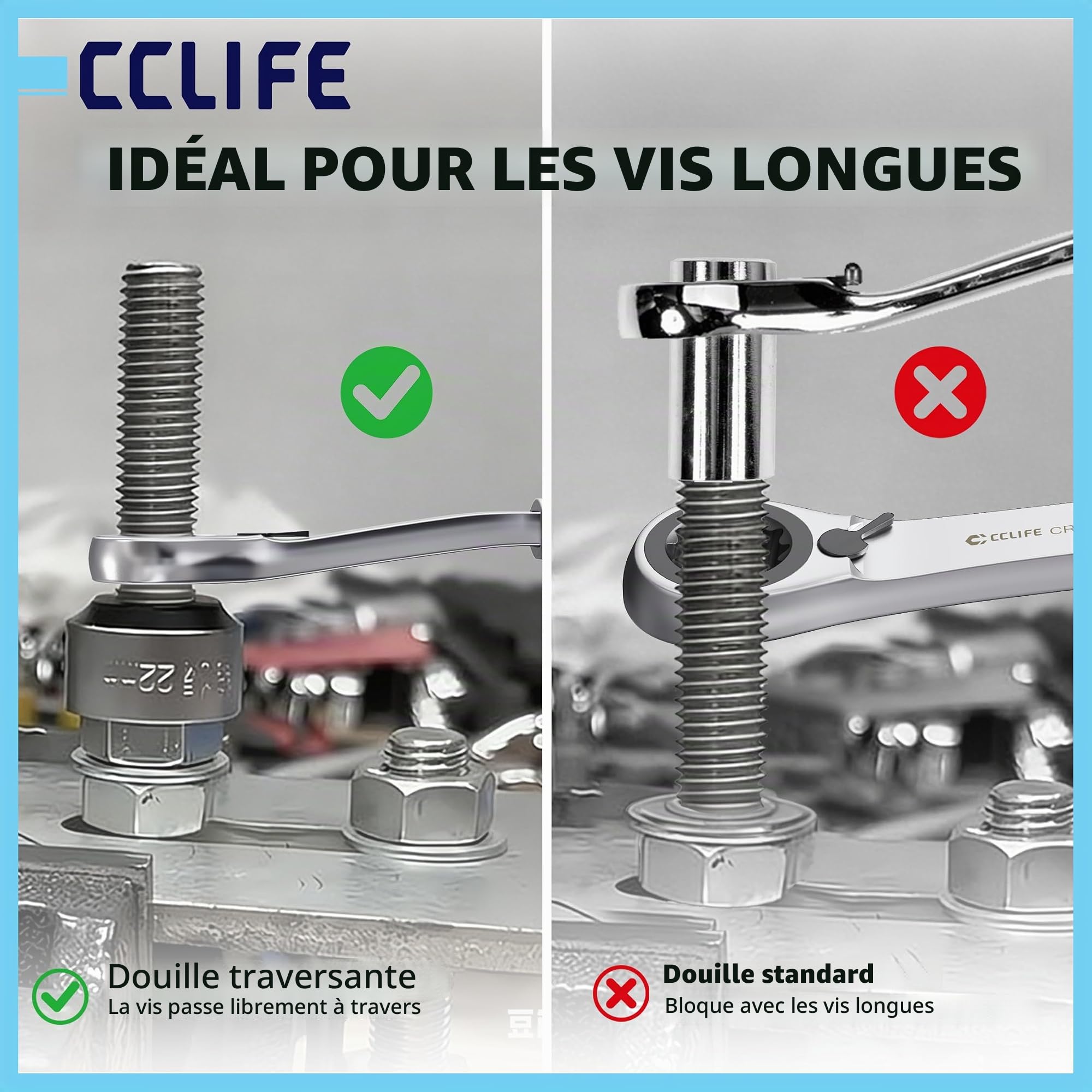 CCLIFE Jeu de clés à douille 47 pièces 4-24 mm | Design traversé | Barres filetées et boulons | Adaptateur 1/4" 3/8" 1/2" | Acier CrV | Embouts | Mallette