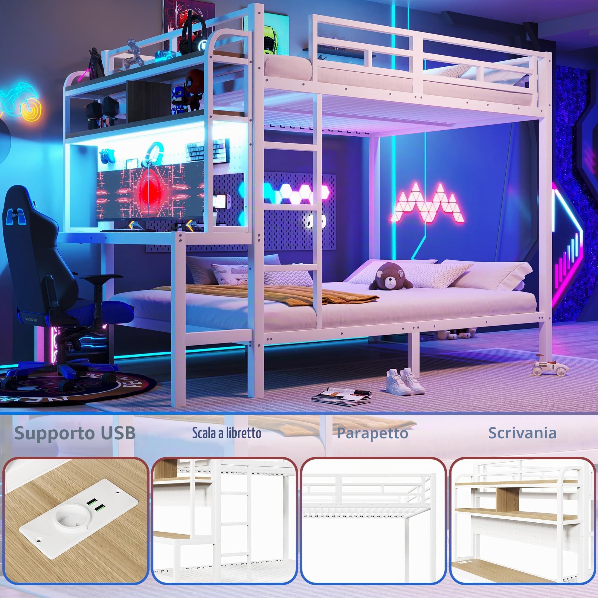 Azkoeesy Letto a Castello Gaming 140x200 cm in Metallo con Scrivania e Mensole, Luce LED, Prese USB ed Elettriche, Matrimoniale per Adolescenti e Adulti, Struttura Resistente e Durevole, Bianco