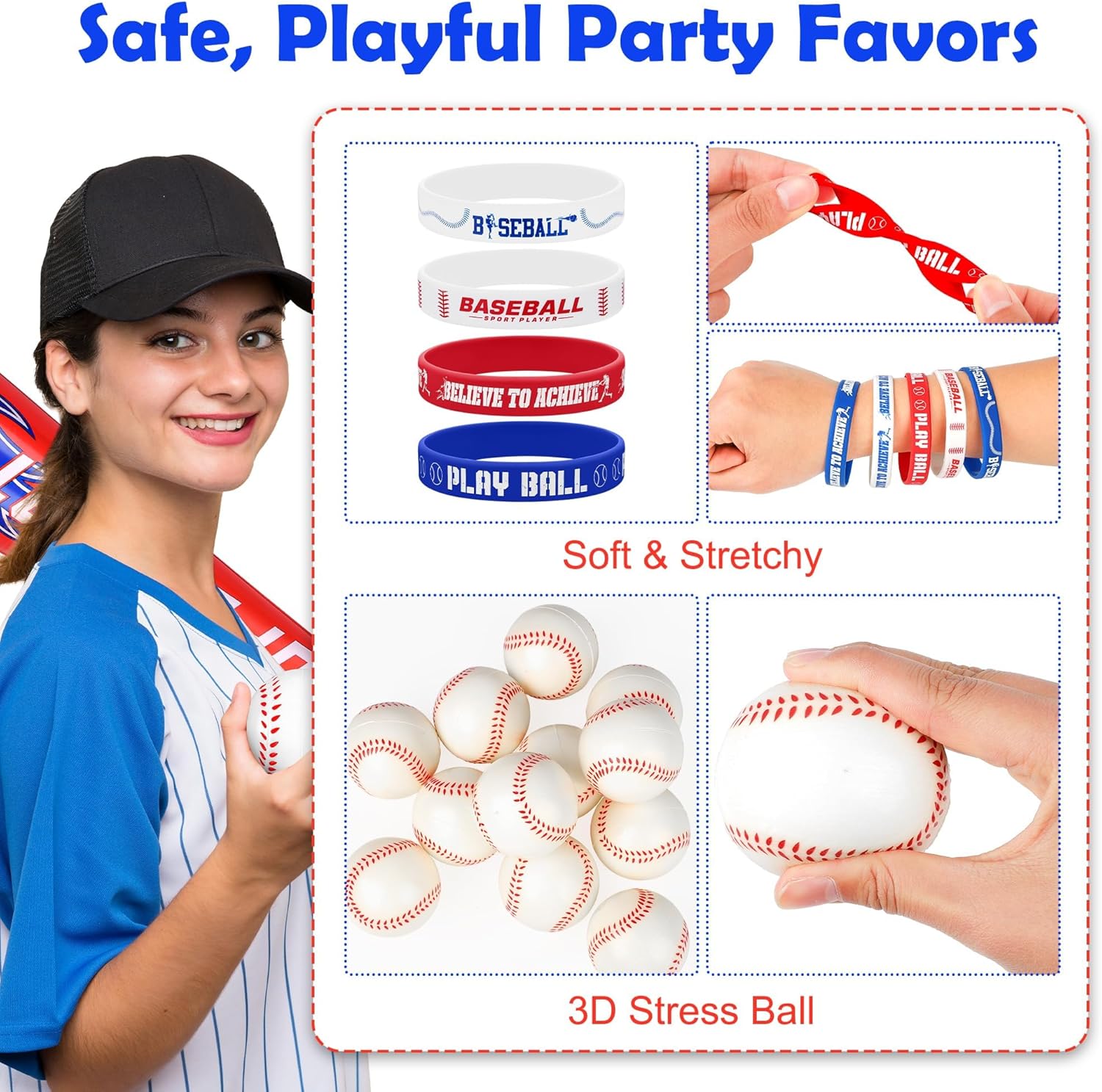 Fovths 122 Pieces Baseball Party Favors Set with Inflatable Baseball Bat Silicone Bracelets Mini Stress Balls Slap Bracelets Tattoo Stickers Gift Bag for Sports Birthdays Themed Party