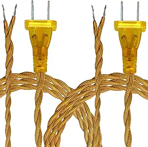 Royal Designs, Inc. CO-6001-GL-8-2 Twisted Rayon Lamp Cord with NEMA-15P Plug, Stripped Ends Ready for Wiring, SPT-1 UL Listed, 8 feet, Gold, 2-Pack