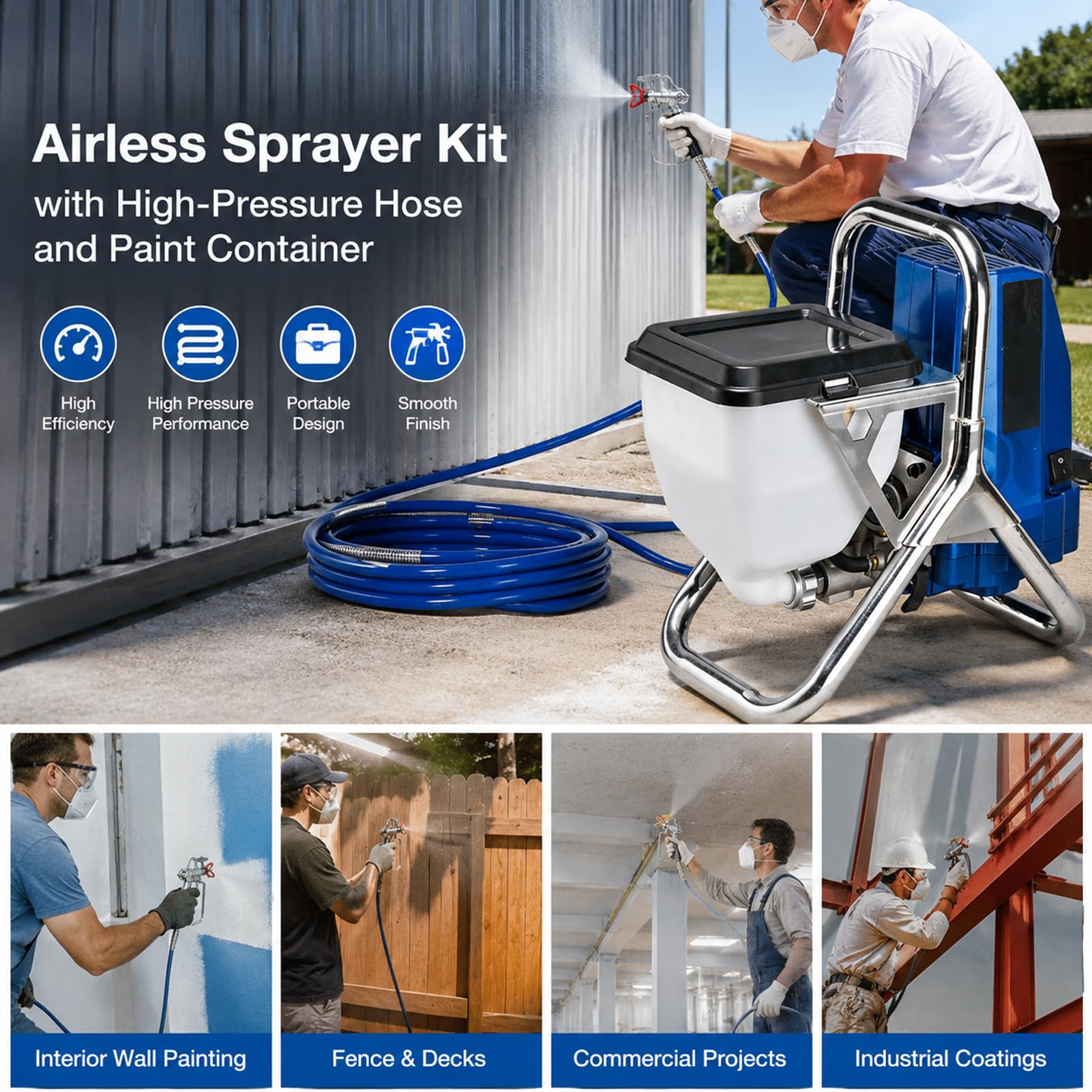 Spruzzatore Airless Elettrico 1800W, Pistola a Spruzzo Alta Pressione 228 Bar, Portata 2,1 L/min con Tubo 5m, Macchina per Verniciatura Pareti Casa, Mobili e Recinzioni, Interni ed Esterni