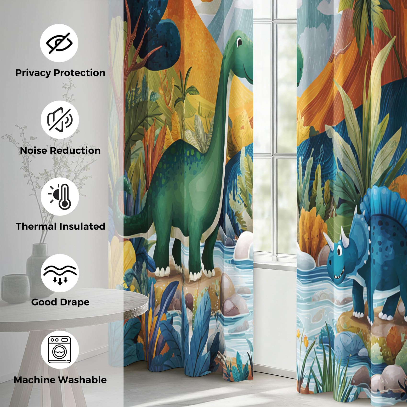 Générique Lot de 2 Rideau Occultant Dinosaure, Rideau Isolant Thermique à Oeillets pour Salon Chambre Cuisine Fenetre, Motif Forêt Adorable Dinosaure Enfants, 140x260 cm (LxH)