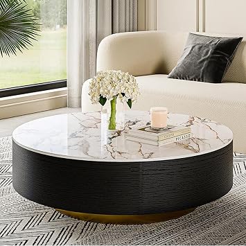 طاولة قهوة POVISON Modern Drum مع مساحة تخزين، طاولة قهوة مستديرة من الحجر الملبد مع أدراج، قشرة بلوط، مجمعة بالكامل، 39.37 بوصة