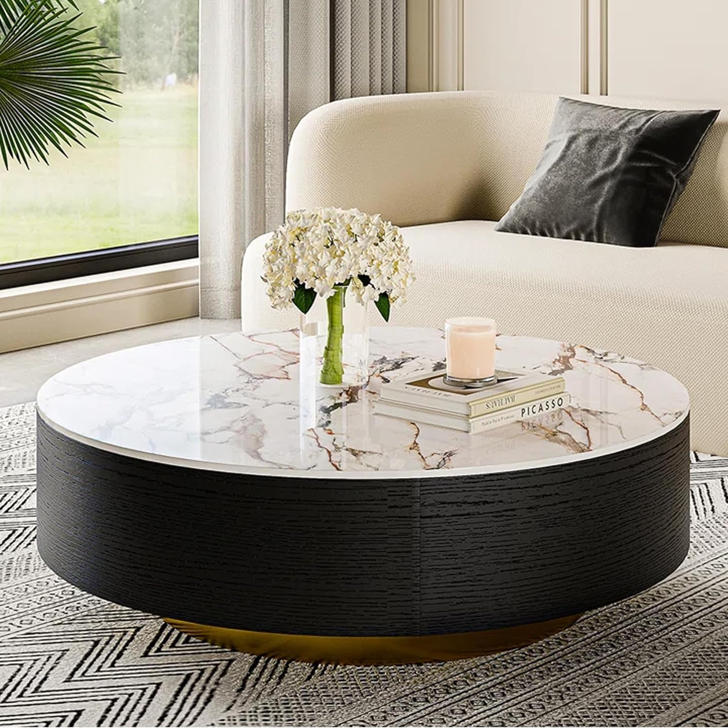 POVISON Modern Drum Coffee Table with Storage, Sintered Stone Top Round Coffee Table with Drawers, Oak Veneer, Fully Assembled, 39.37"