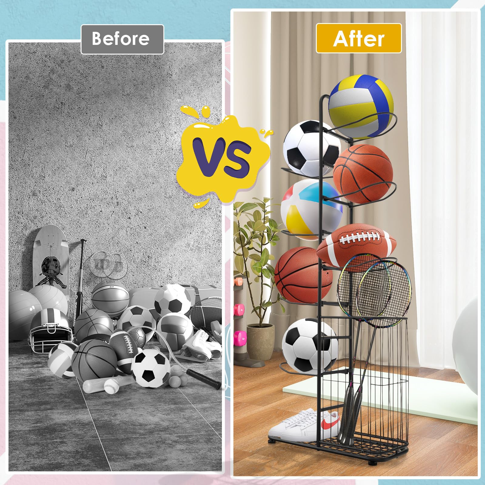 LIFEZEAL Estante para Pelota de 7 Niveles, Balonera de Metal, Soporte de Baloncesto con Cesta Lateral, Soporte para Equipamiento Deportivo para Garaje, Casa, Gimnasio