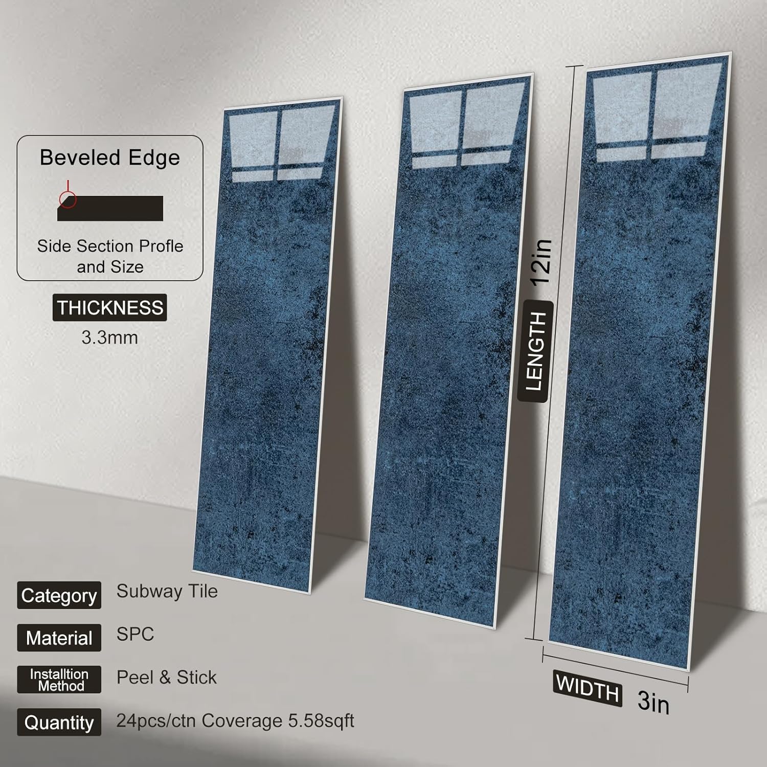 24-Pieces Peel and Stick Tiles for Kitchen Backsplash, New Upgrade Design 12" x 3"SPC Subway Backsplash Tiles, Marble Blue Premium Finger Tiles (Blue).