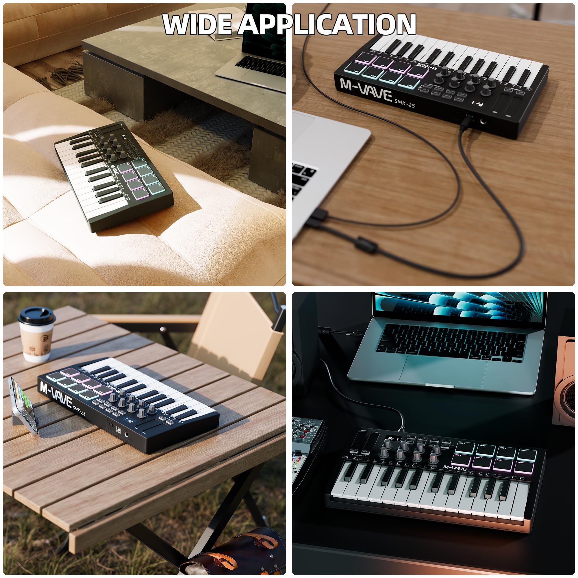 Joinfworld Controlador de teclado Midi de 25 teclas, mini piano midi portátil Bluetooth y USB con 8 almohadillas retroiluminadas, 8 perillas y software de producción de música para grabación de