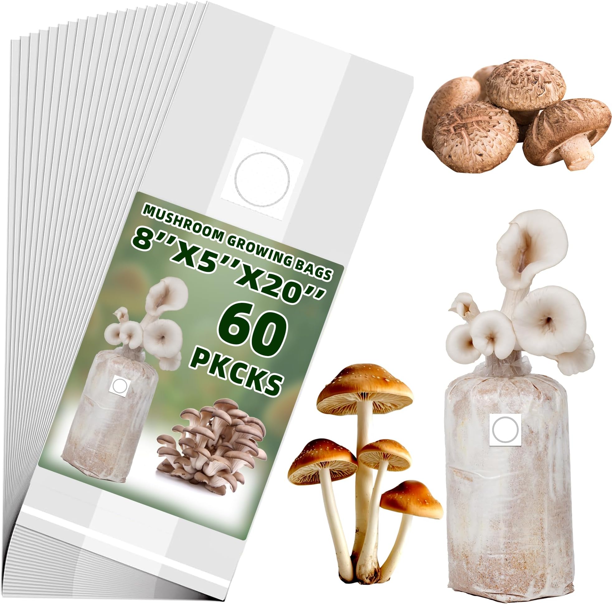 TonGass 60-Pack Autoclavable Mushroom Grow Bags Bulk with Microporous Filter Patchs - Large 8"x5"x20" Extra Thick 80 Micron (=3 Mil)| Mushroom Cultivation Spawn Supply Myco Bag Bulk Substrate Bags