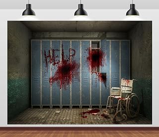 7x5ft Fabric Creepy Hospital Backdrop Horror and Creepy Insane Asylum Locker Room with Bloody Help Background Halloween Zombie Party Decorations Kids Adults Portrait Photo Props
