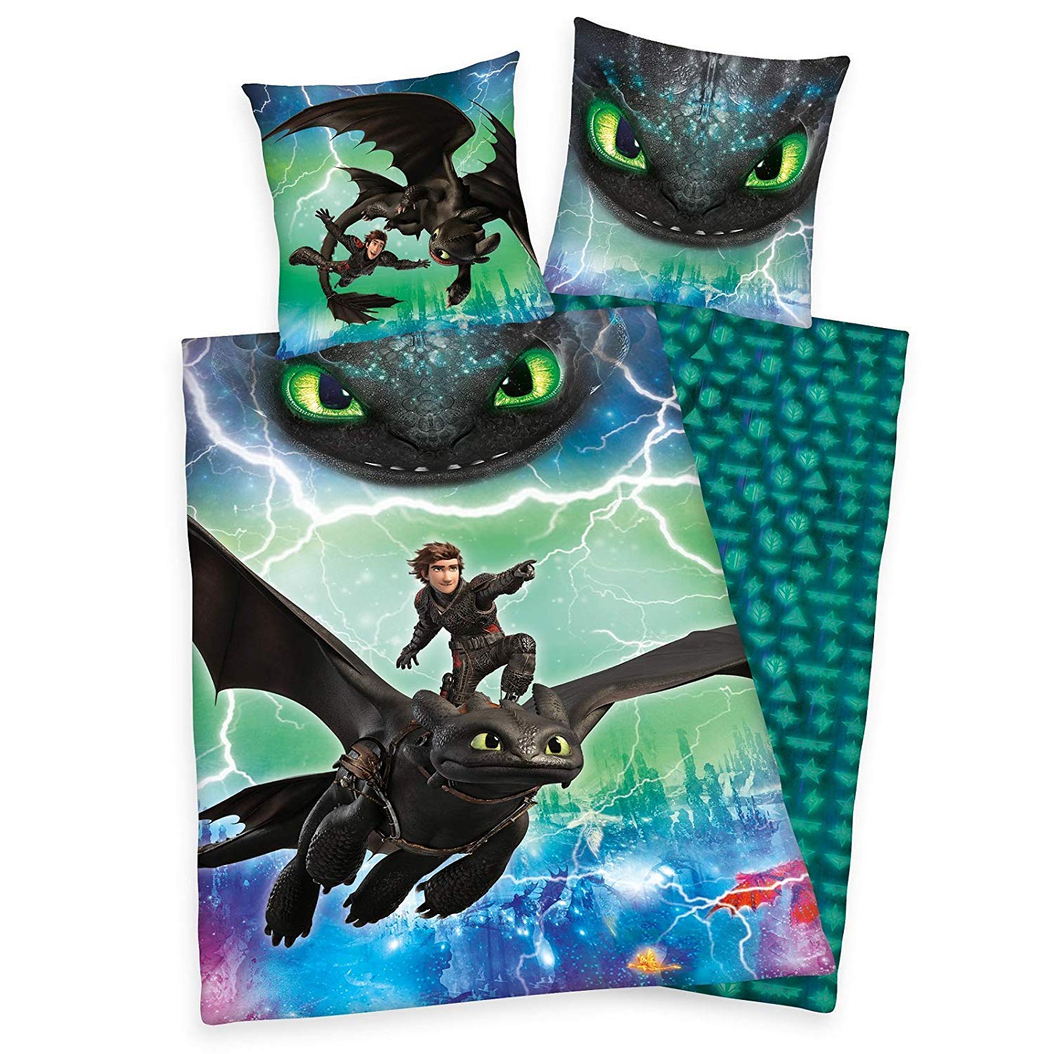 Herding DREAMWORKS DRAGONS Bettwäsche-Set, Wendemotiv, Bettbezug 135 x 200 cm, Kopfkissenbezug 80 x 80 cm, Baumwolle/Renforcé