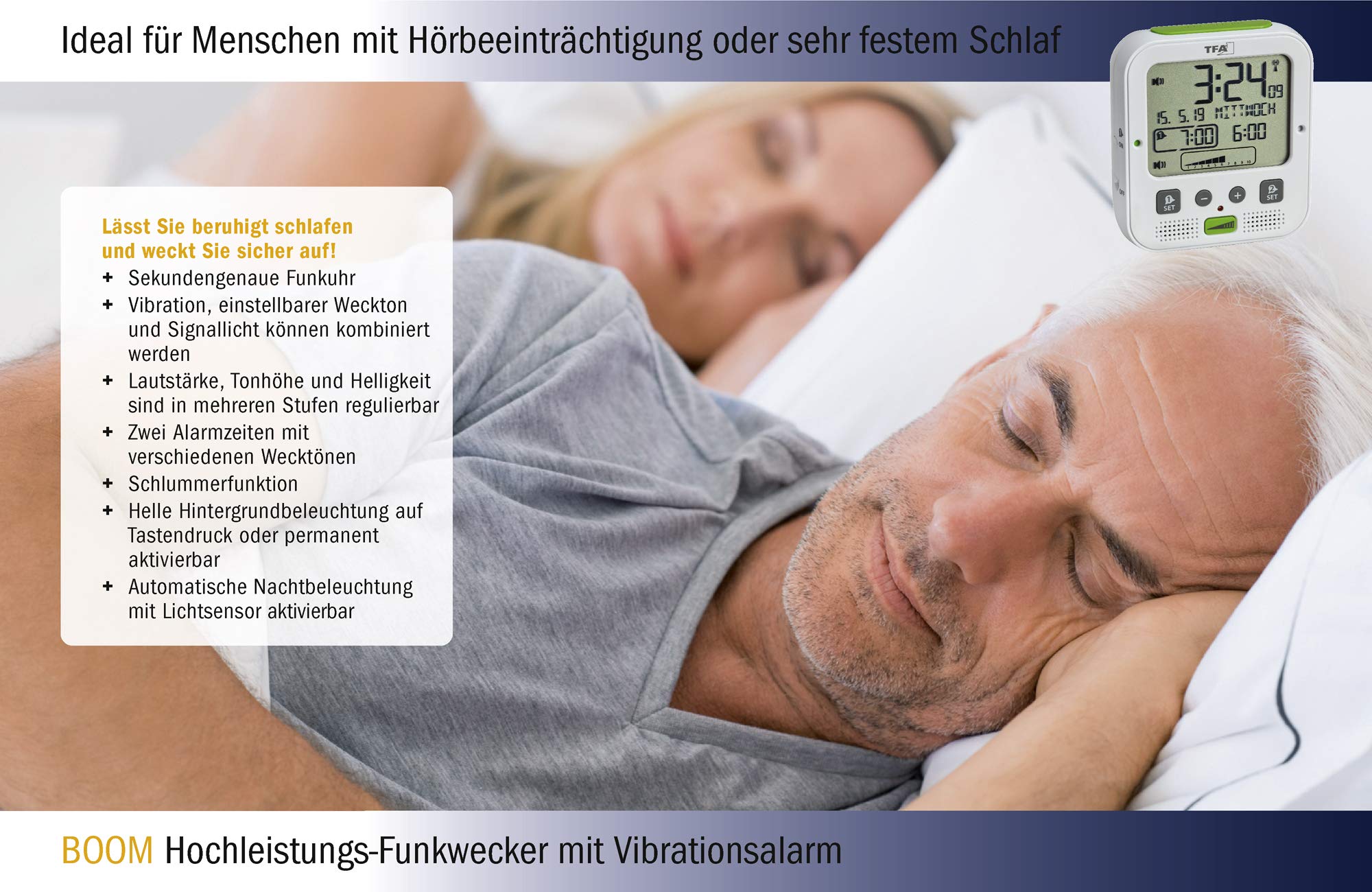TFA Dostmann Boom Funkwecker, Laut mit Vibrationsalarm, Snooze-Funktion, einstellbare Lautstärkeund Helligkeit, autom. Nachtbeleuchtung, weiß, L 110 x B 65 x H 122 mm