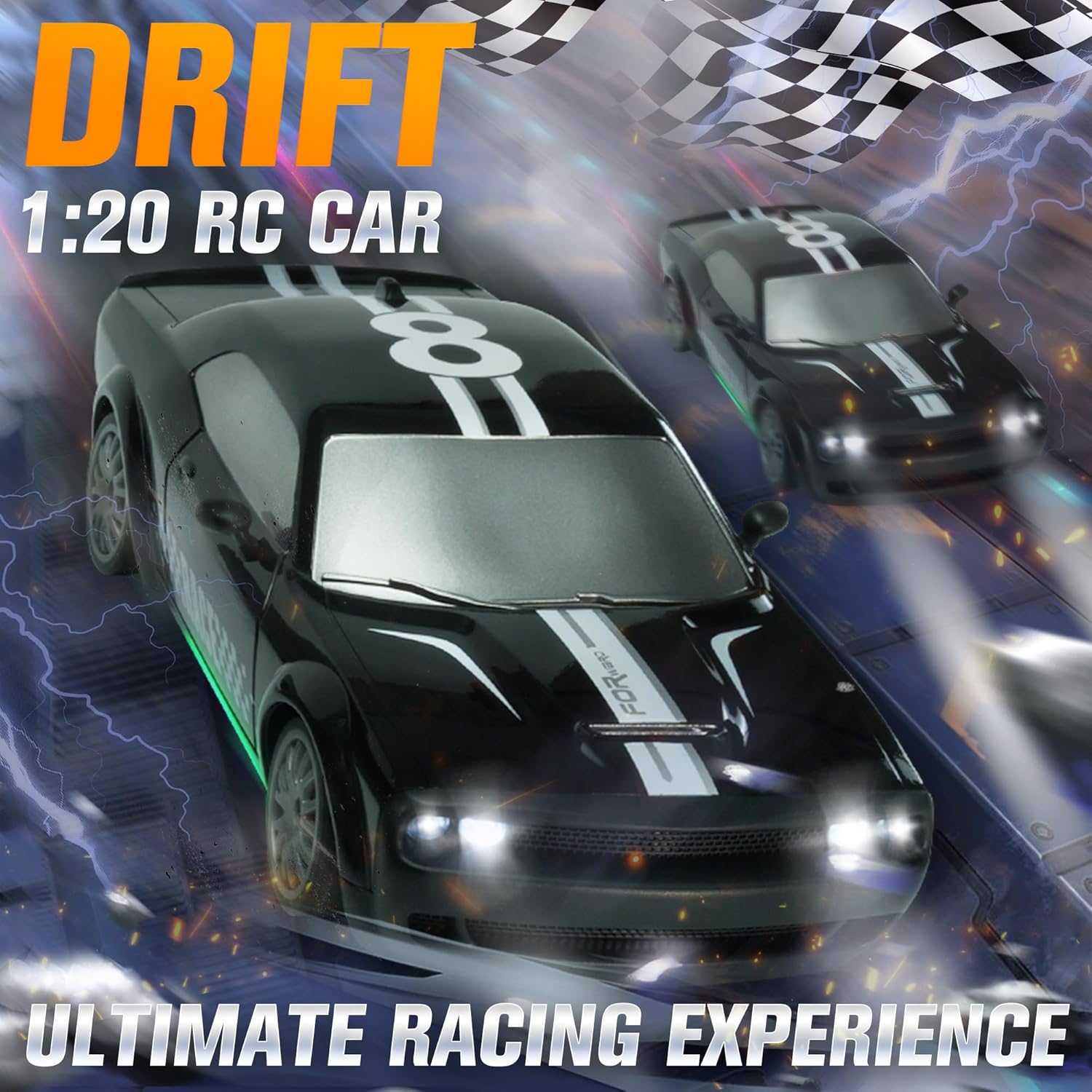 SANCO 1:20 RC Drift Car - 2.4G Drifting Car with Dual Tire System & LED Lights, 20+KM/H, 50-Minute Playtime, Racing Toy Remote Control for Adults Boys Girls 2pcs Rechargeable Batteries （Black）