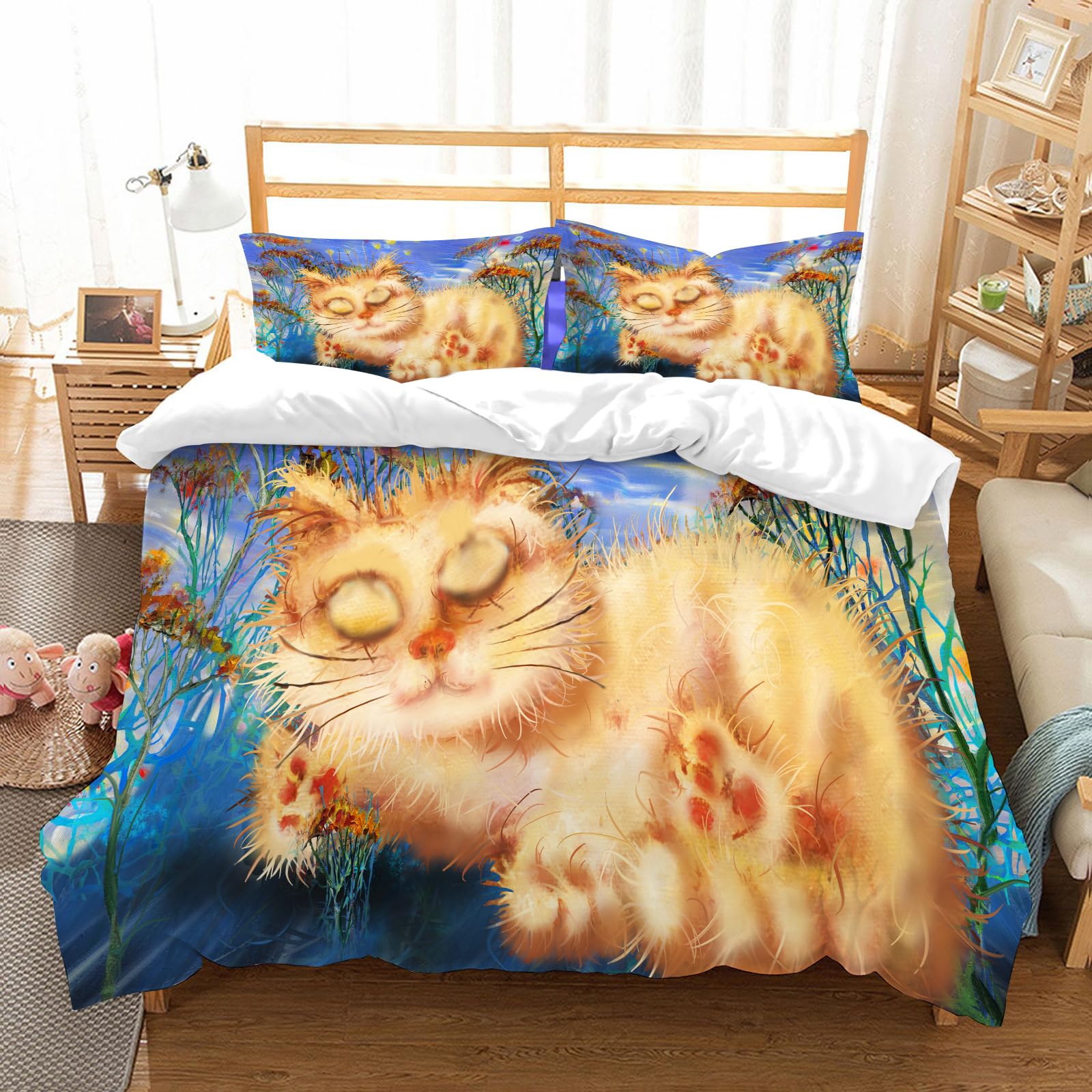 Ensemble de literie microfibres anti-plis et facile d'entretien motif chat roux