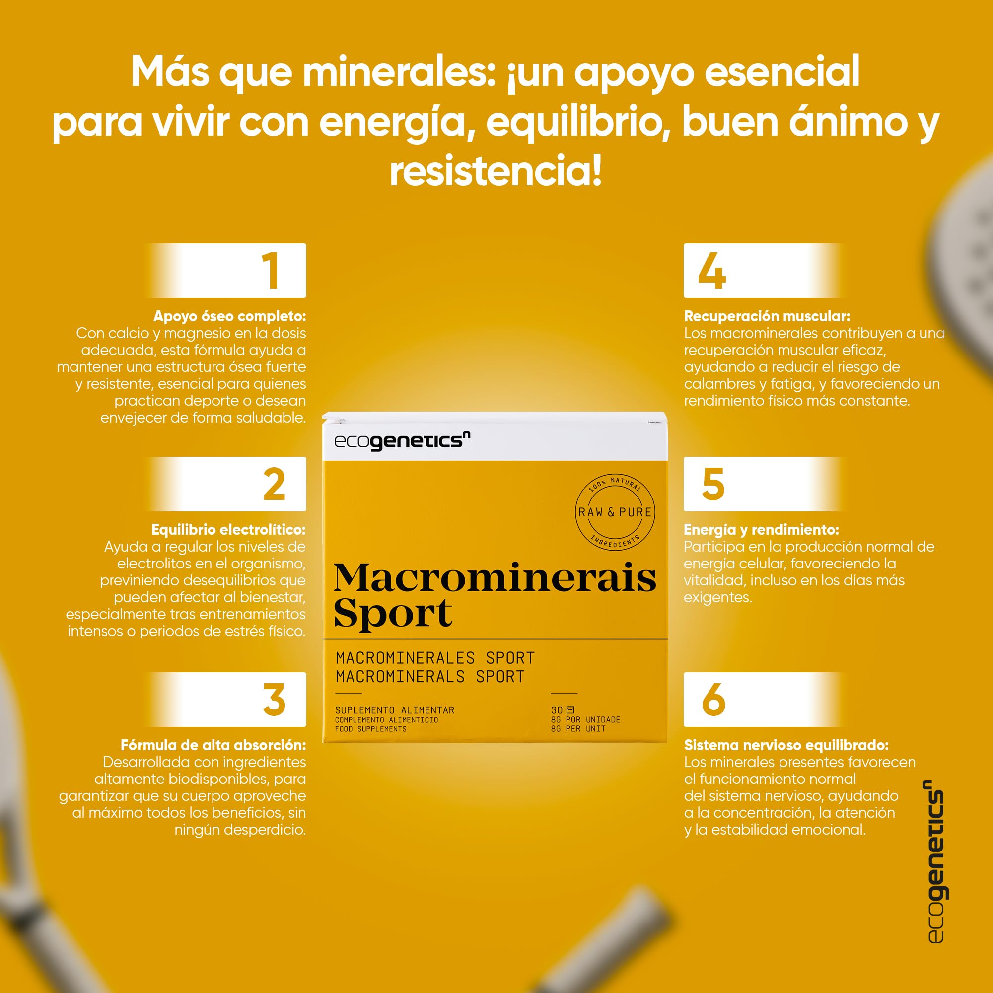 ECOGENETICS - Macrominerales Sport 30 Sobres | Suplementos Deportivos para Atletas | Mejora Rendimiento y Recuperación | Vitaminas para las Articulaciones y Huesos | Multivitaminas contra el cansancio