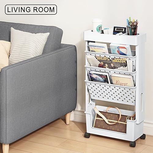 Miniatura 4 de Estantería móvil de 5 niveles, estantería con ruedas, organizador de carpetas de archivos movibles con ruedas para el hogar, estudio, oficina, sala