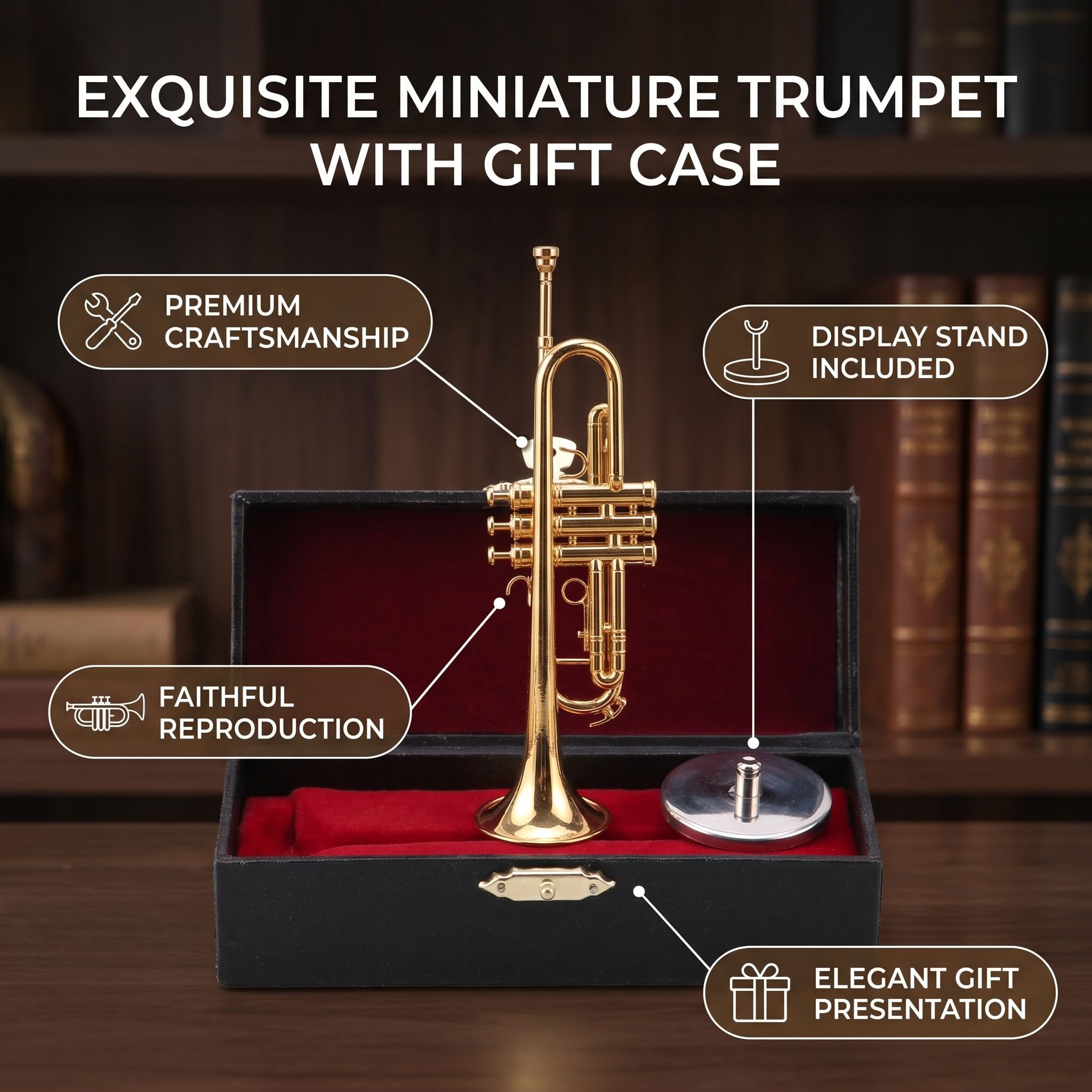 Trompeta Miniatura Réplica Mini Trompeta Caja Regalo Instrumento Musical Mini Modelo Instrumento Chapado Oro Adornos Musicales