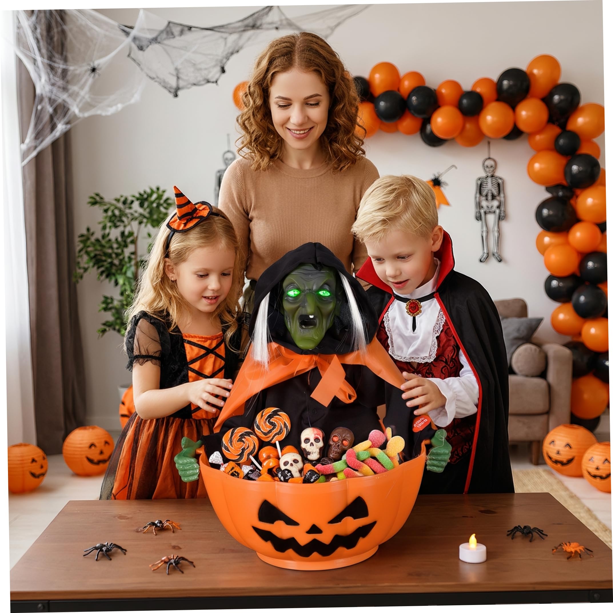 Tazón de dulces de Halloween, animatrónico activado por movimiento, naranja, decoraciones de Halloween activadas por movimiento