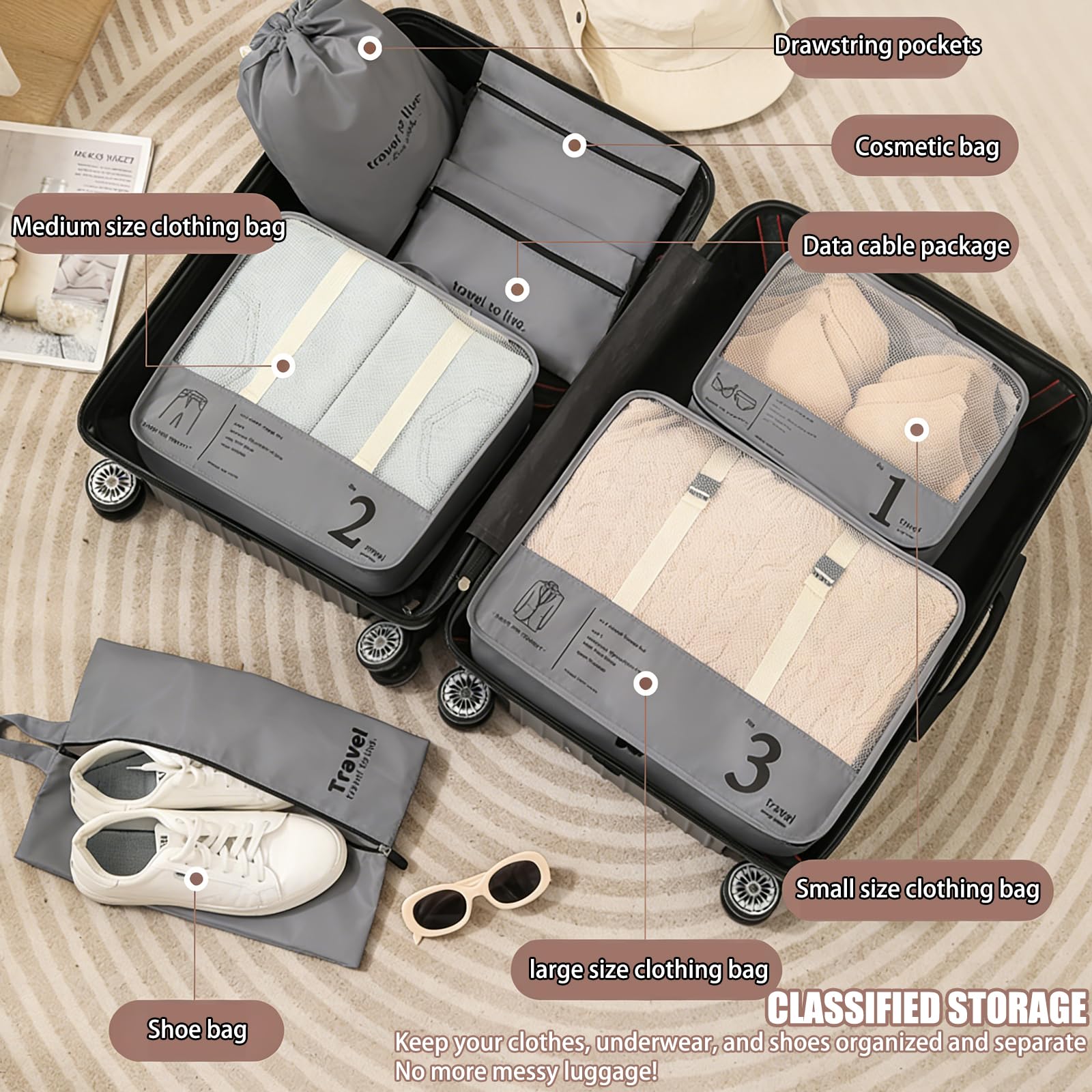 Set di 7 cubi per valigie, organizer leggeri per bagagli, accessori da viaggio, organizer per valigie a compressione, set di borse e cubi da viaggio, per viaggi, borse da imballaggio per vestiti