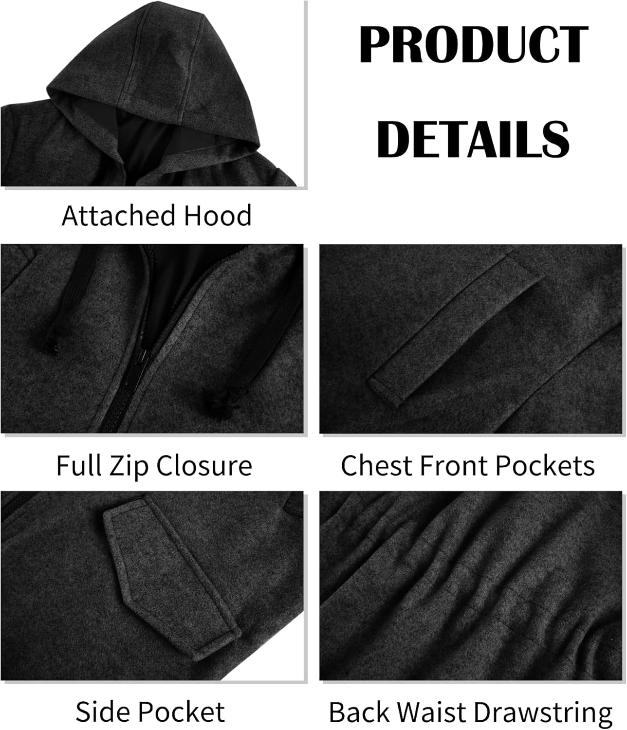 ZIWOCH Mens Trench Coat Wool Blend Hoodie Long Jacket Full Zip Winter Classic Business Overcoat - Image 5