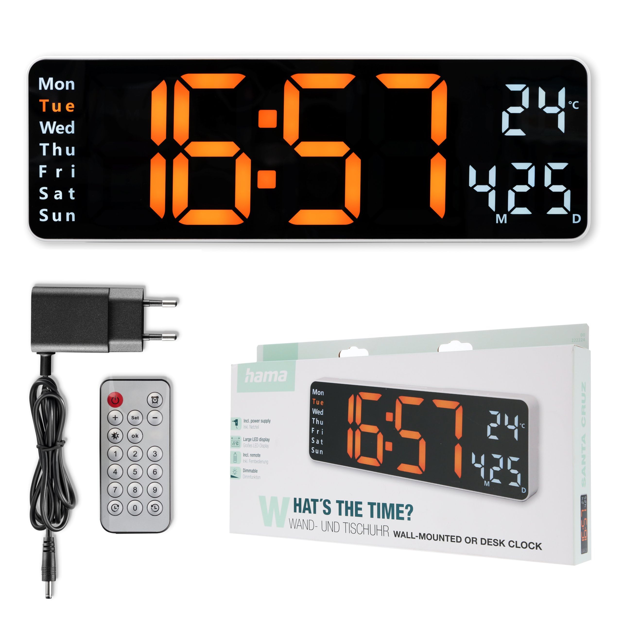 Hama Digitale Wanduhr groß (LED modern, Wanduhr Thermometer, Digital Uhr Wecker, Tisch Küche, Digitale Stoppuhr groß, Wand Fernbedienung, Wohnzimmer dimmbar | Santa Cruz, Wanddekoration, Digitaluhr, Timer, Alarm, Stoppuhr, Fernbedienung