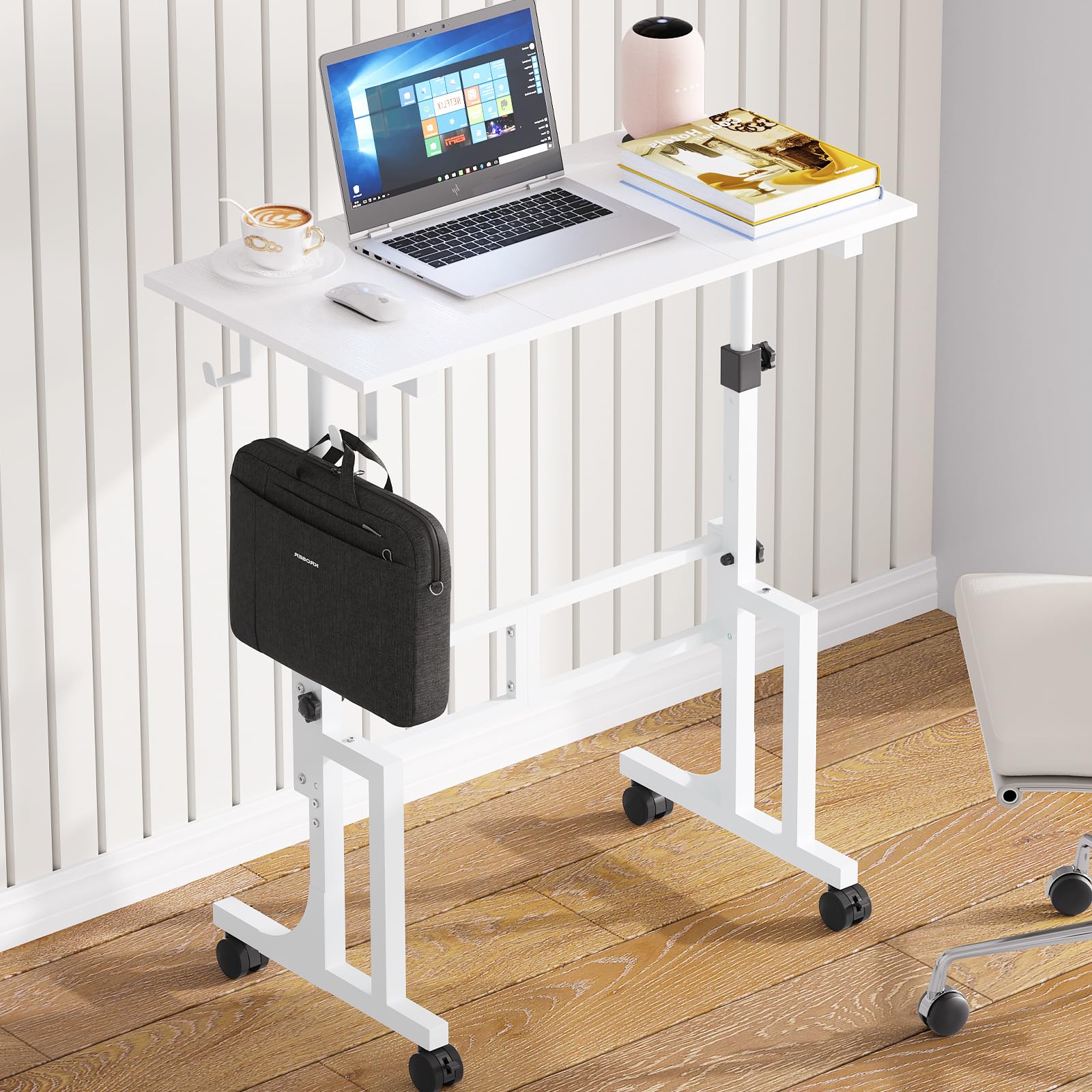 Small Adjustable Height Standing Desk With 2 Hooks Rolling Sit Stand Up Desk With Wheels Adjustable Mobile Portable
