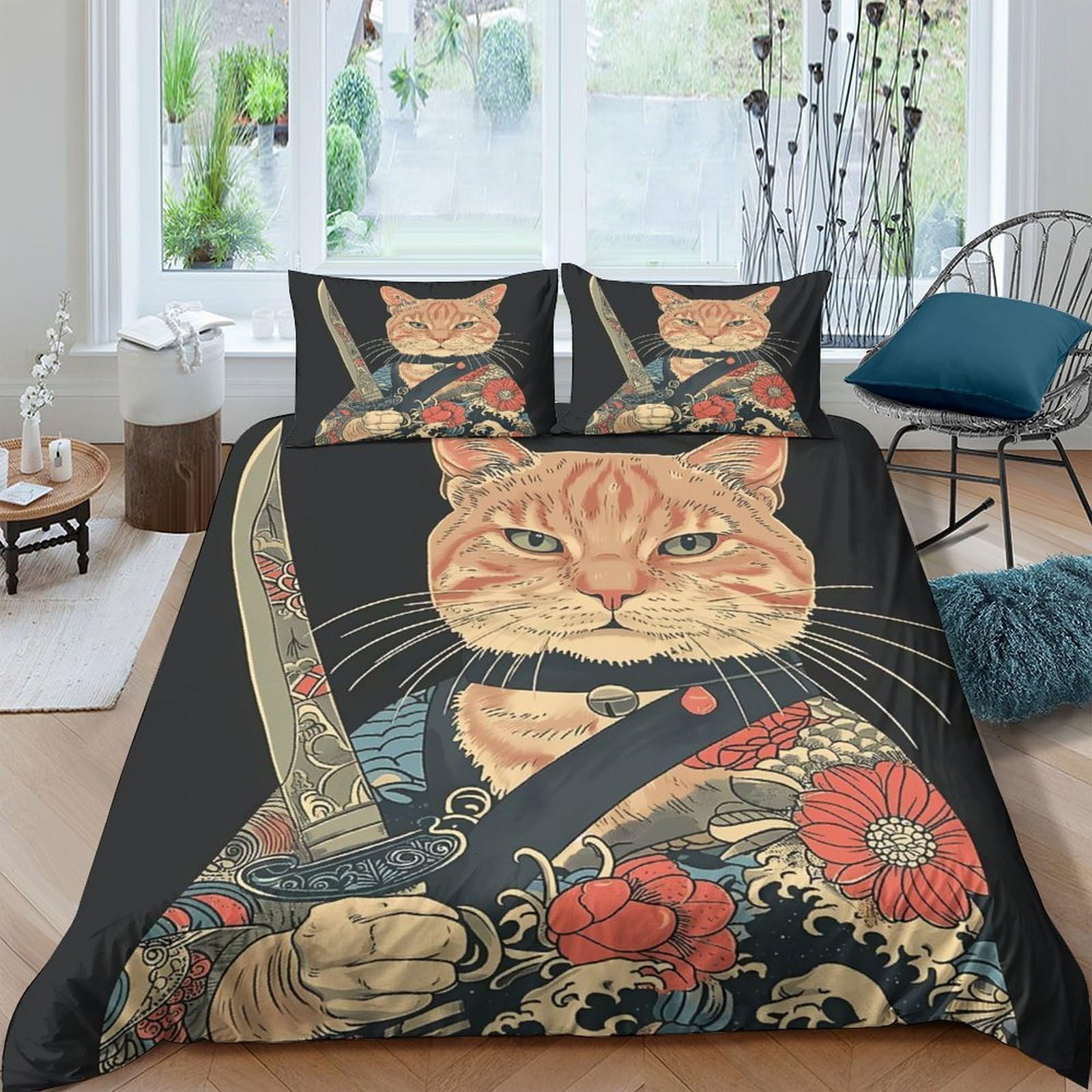 Ctjqhvkz Style-7 3D Printed Samurai Cat Fitted Sheet Microfiber Soft Anti-Slip Floral Bed Cover For Bedroom Guest Room Decor Single（135X200cm）