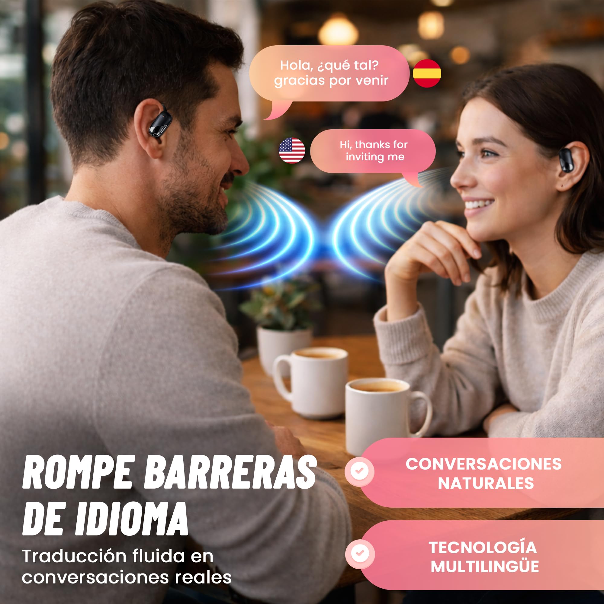 VIPA - Auriculares Traductor en Tiempo Real con IA - Traductor Instantáneo de Voz en 144 Idiomas - Dispositivo traductor de oído Abierto 3 en 1 con Estuche de Carga para Viajes/Negocios/Aprendizaje.