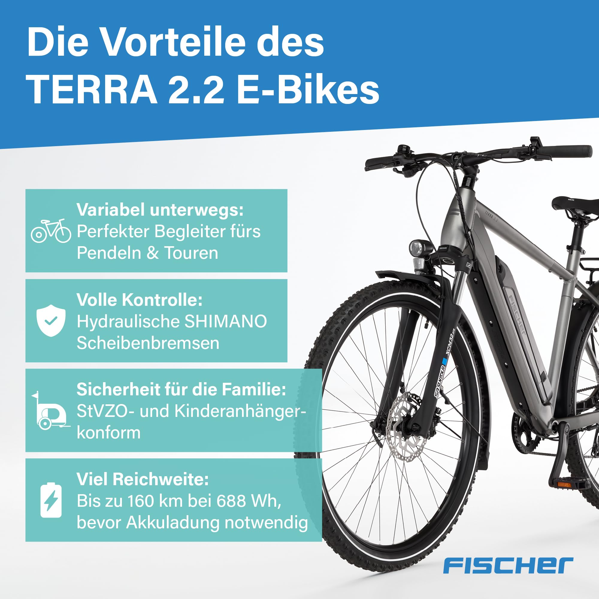 Fischer E-ATB Terra 2.2 Active, Elektrofahrrad für Damen und Herren, RH 55, 688Wh, Heckmotor 50Nm, 48V
