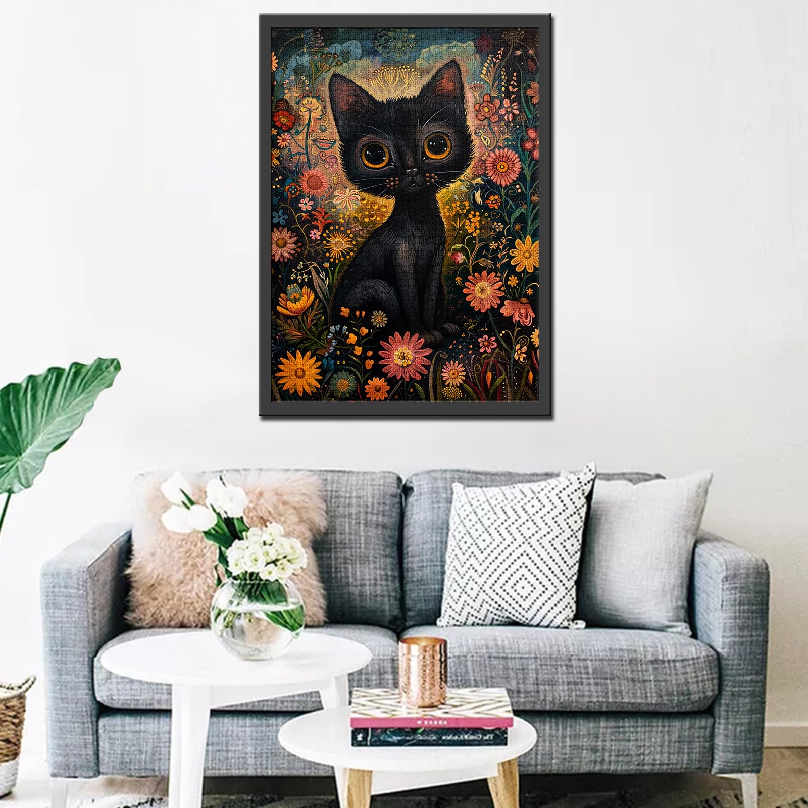 Tucocoo; adult puzzle 1000 pieces; black kitten; enchanted garden cat; challenging family activity; abstract floral art; DIY wall decoration - Image 4