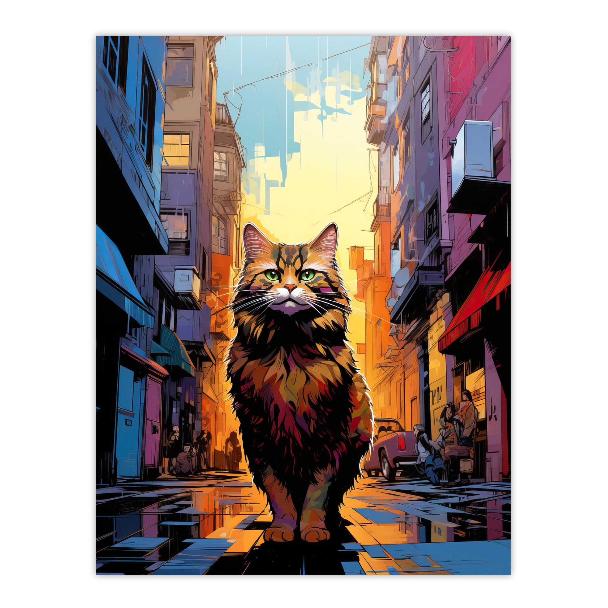 Artery8 Street Cat Lover Gift Pet Portrait City Sunset Artwork Painting Extra Large XL Wall Art Poster Print