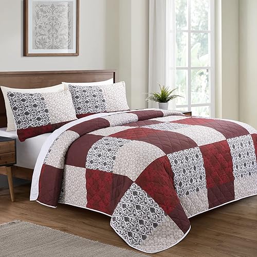 Miniatura 2 de HOMBYS Colcha extragrande de tamaño King de 128 x 120 pulgadas, juego de edredón de 3 piezas, ligero y suave, colcha floral de retazos con fundas