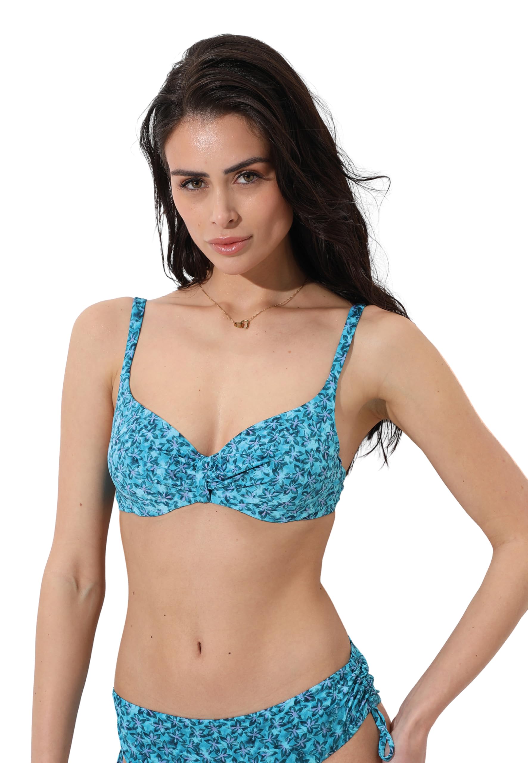 Lovable Parte Alta del Costume | Reggiseno con Ferretto Invisible Lift in Microfibra | Coppe Leggermente Imbottite | Shiny Micro Donna, Azzurro Stampa Floreale 34B - 3B
